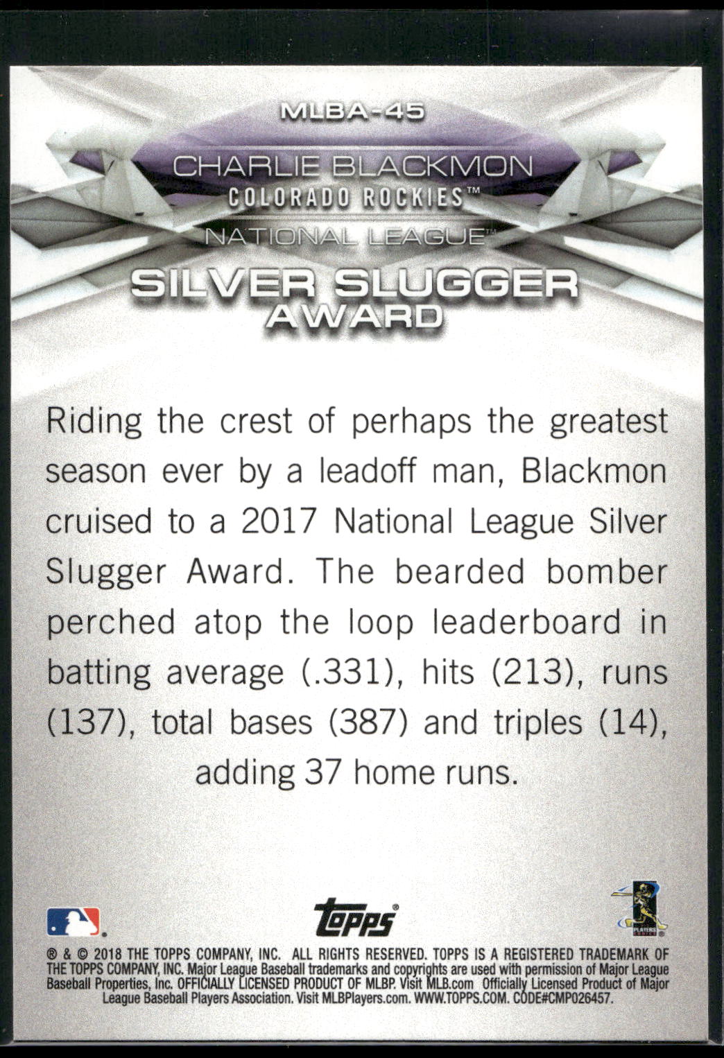 2018 Topps #MLBA-45 Charlie Blackmon MLB Awards