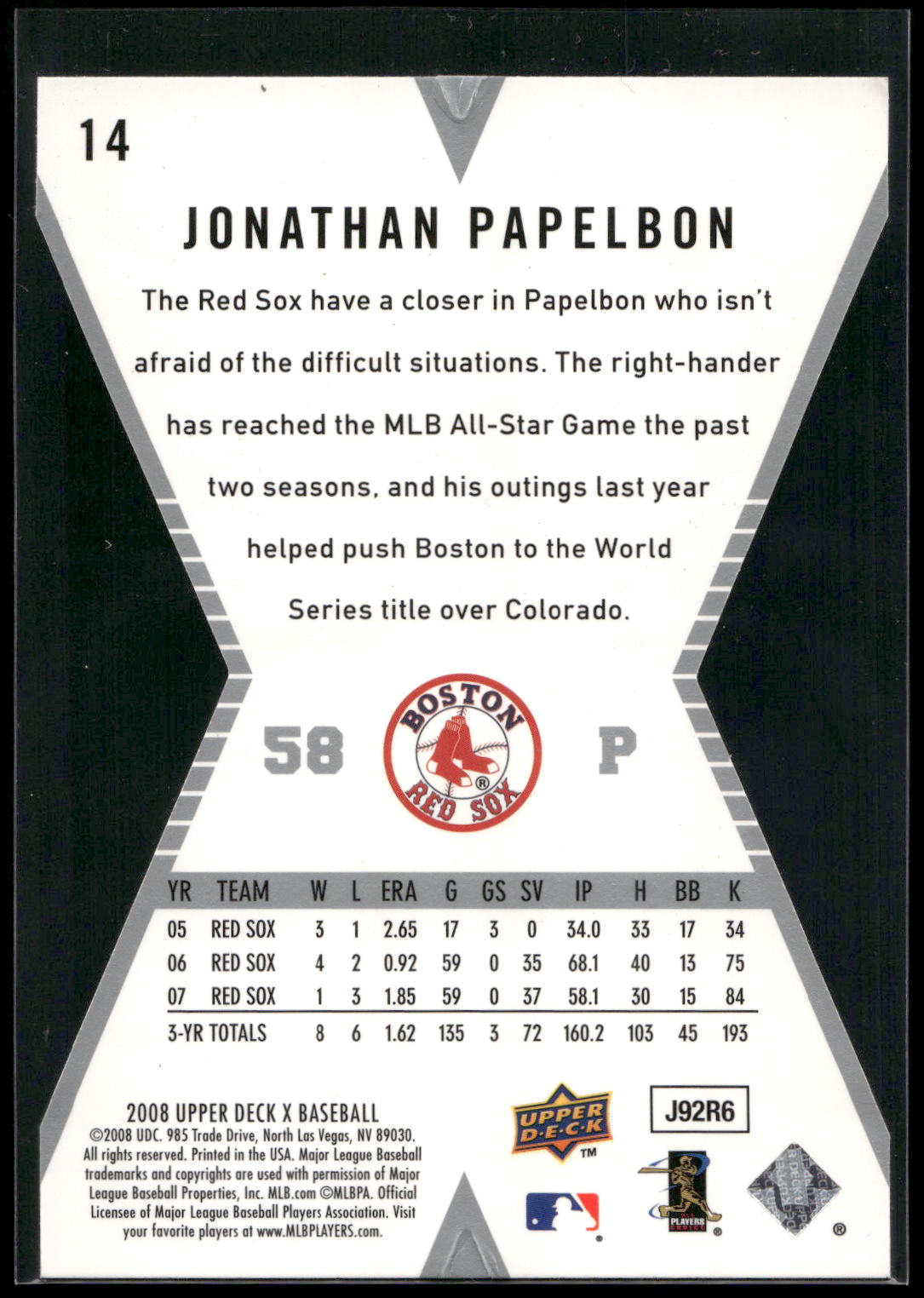 2008 Upper Deck X #14 Jonathan Papelbon Die Cut