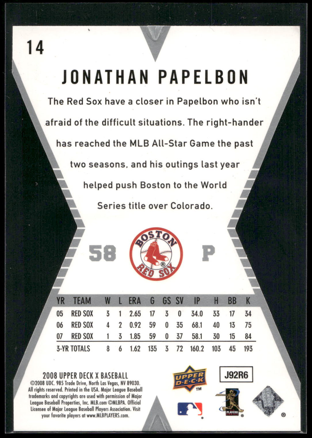 2008 Upper Deck X #14 Jonathan Papelbon Die Cut