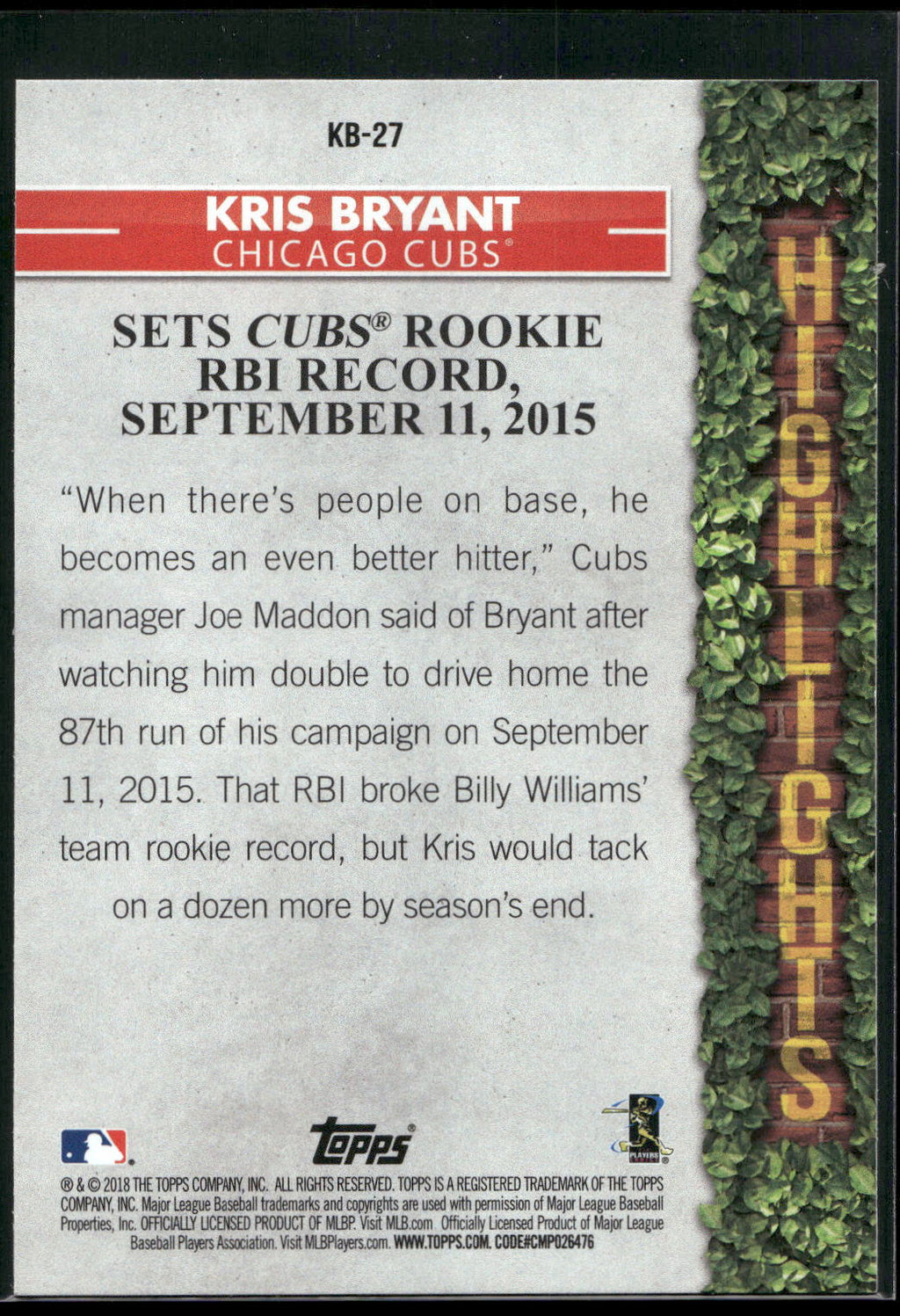 2018 Topps #KB-27 Kris Bryant Kris Bryant Highlights
