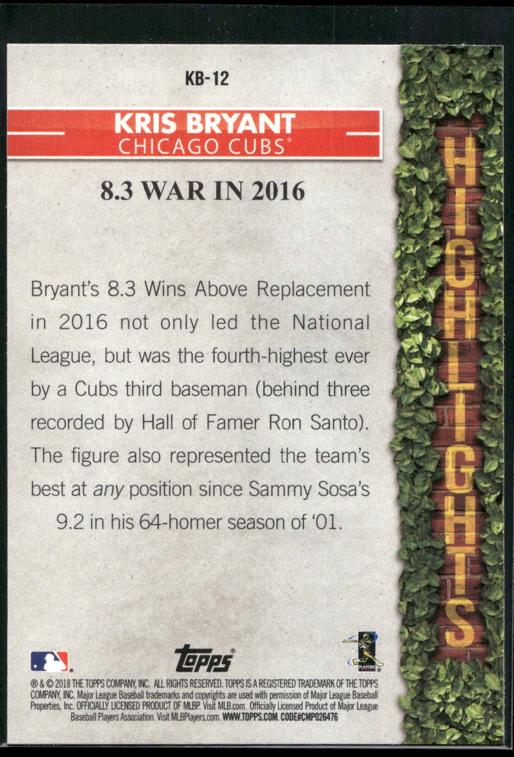 2018 Topps #KB-12 Kris Bryant Kris Bryant Highlights Blue