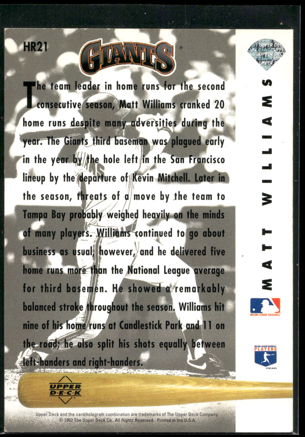 1993 Upper Deck #HR21 Matt Williams Home Run Heroes
