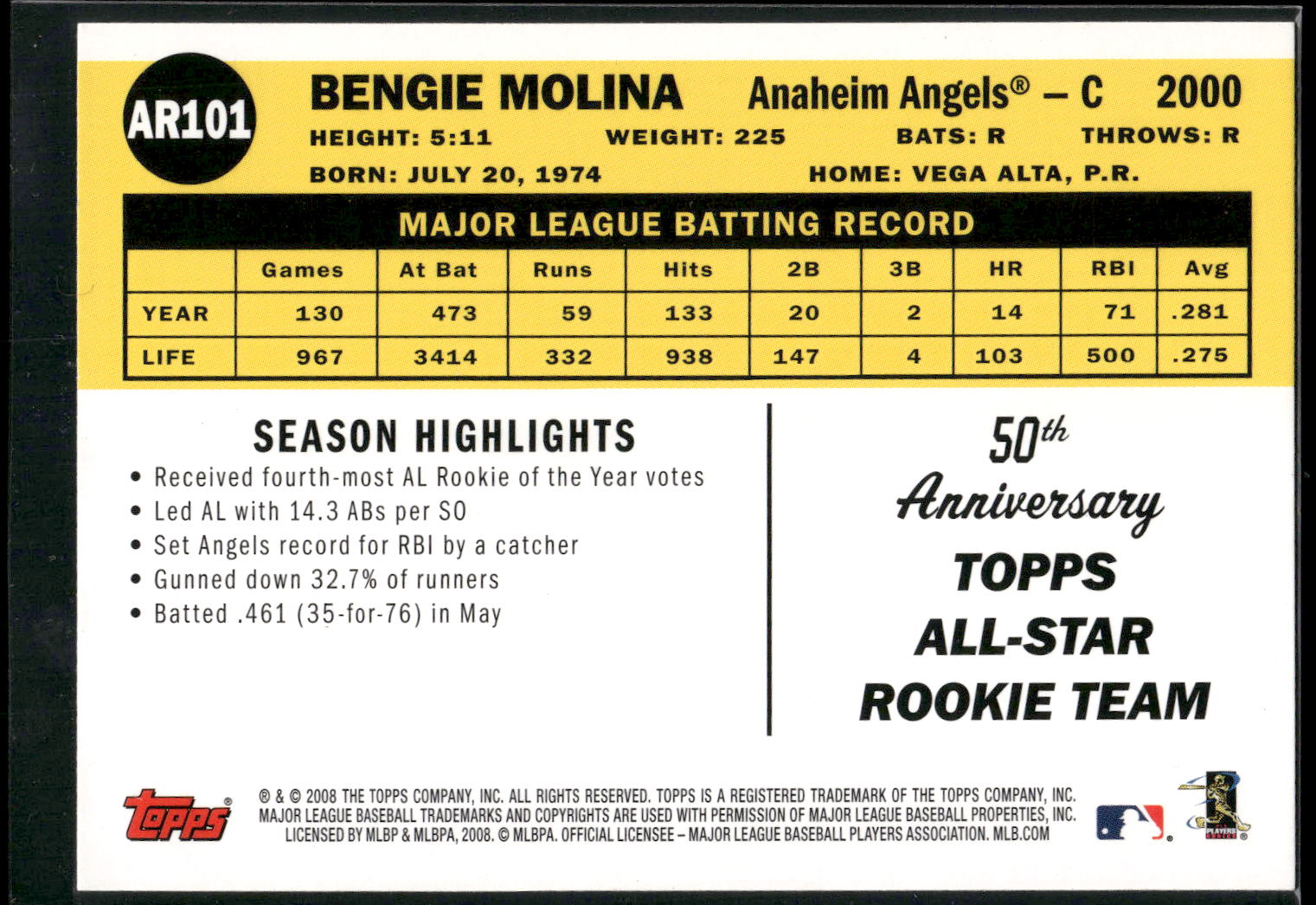 2008 Topps #AR101 Bengie Molina All-Rookie Team 50th Anniversary