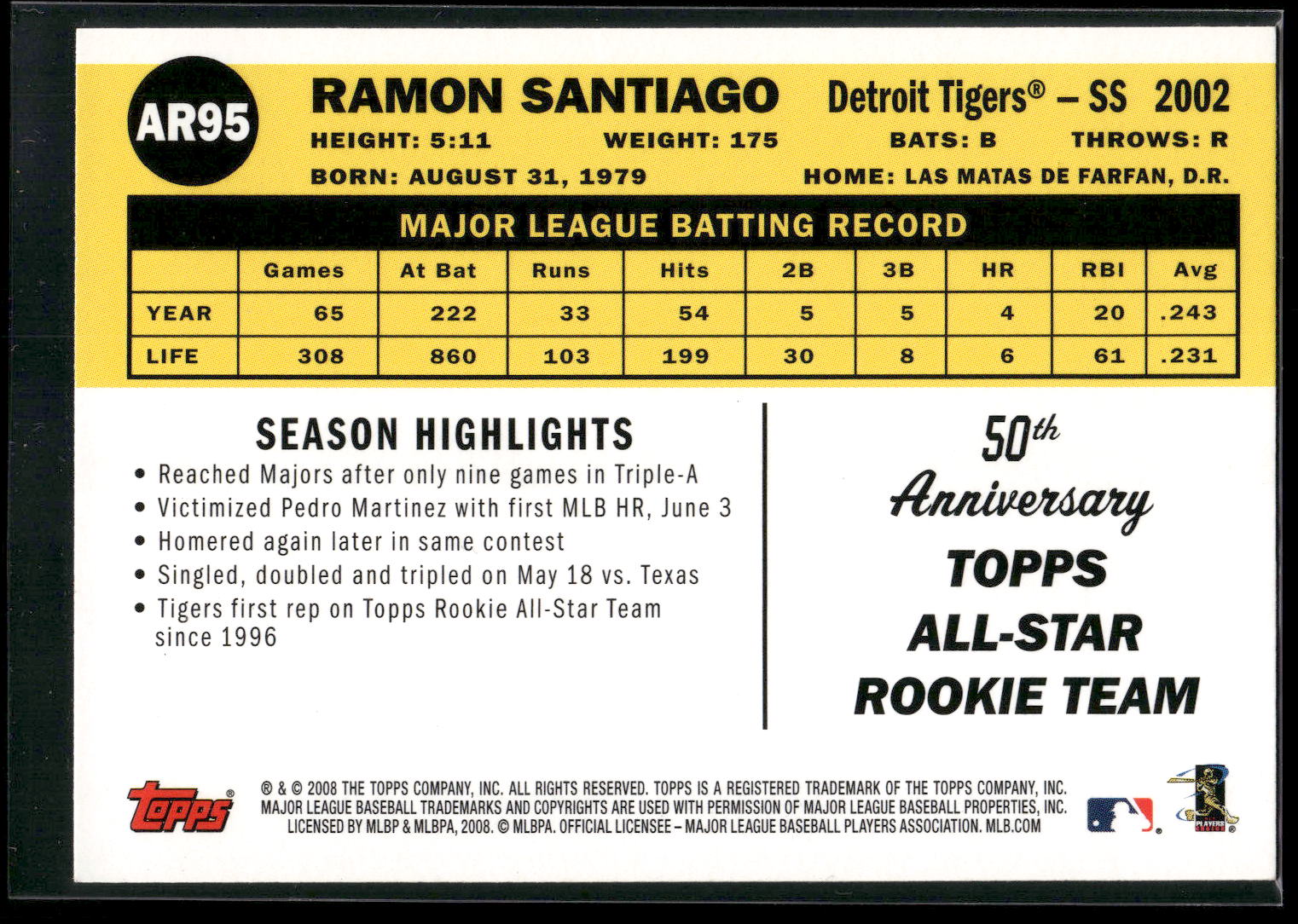 2008 Topps #AR95 Ramon Santiago All-Rookie Team 50th Anniversary