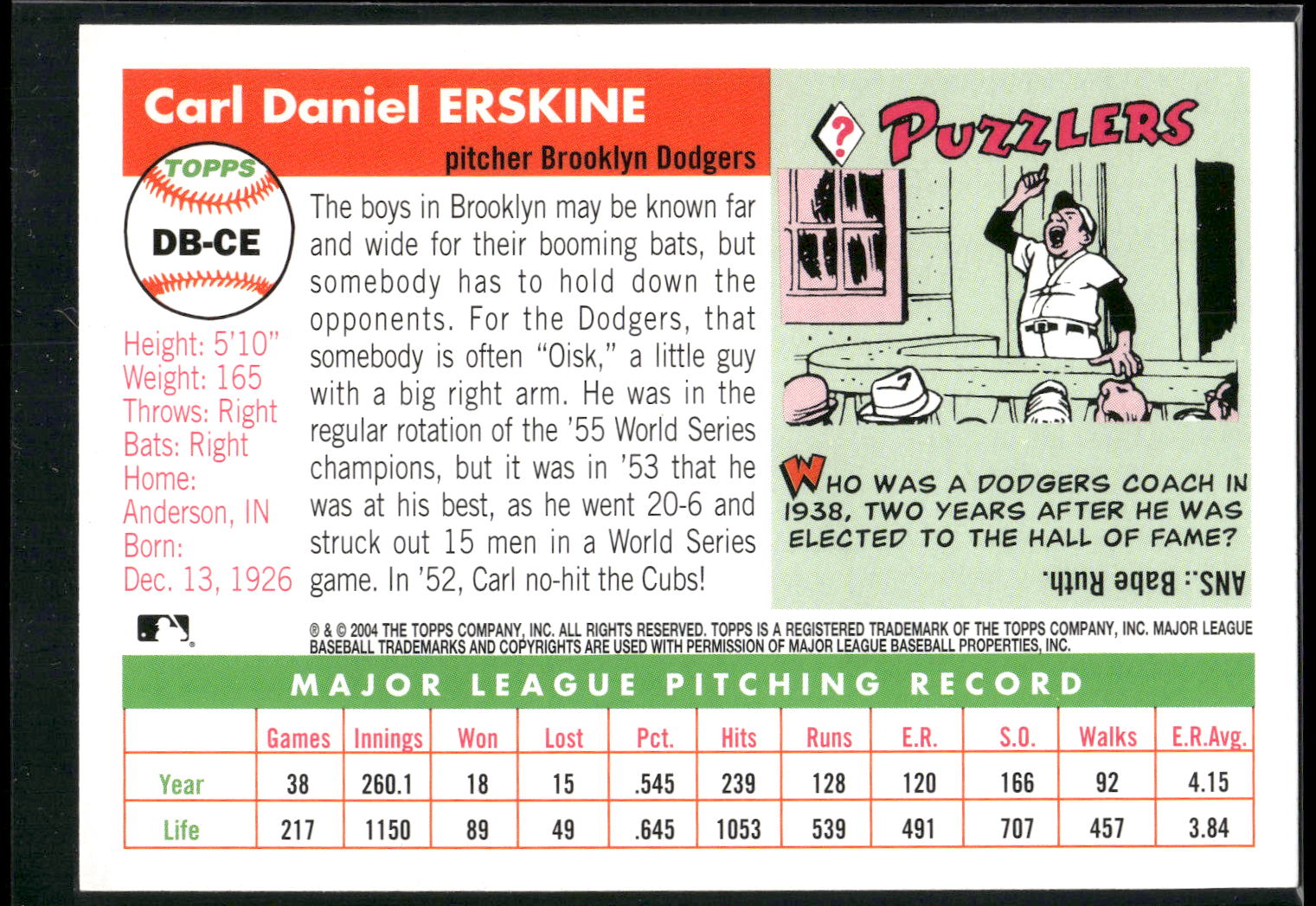 2005 Topps #DB-CE Carl Erskine Dem Bums