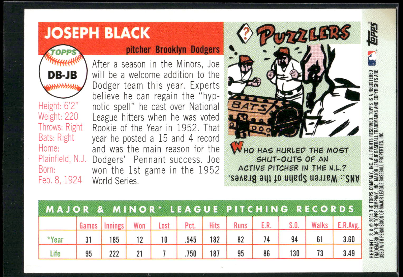 2005 Topps #DB-JB Joe Black Dem Bums