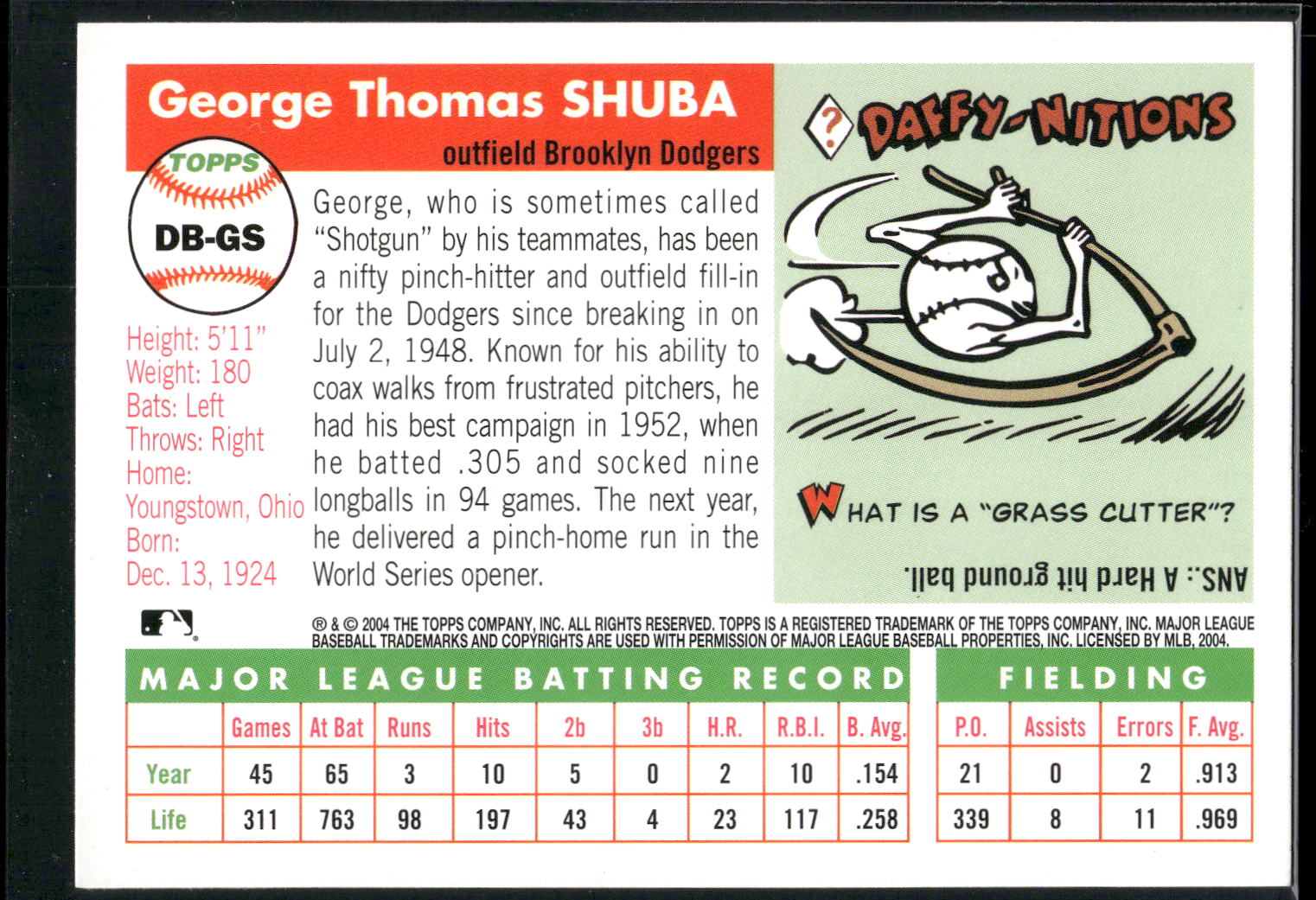 2005 Topps #DBA-GS George Shuba Dem Bums Autographs