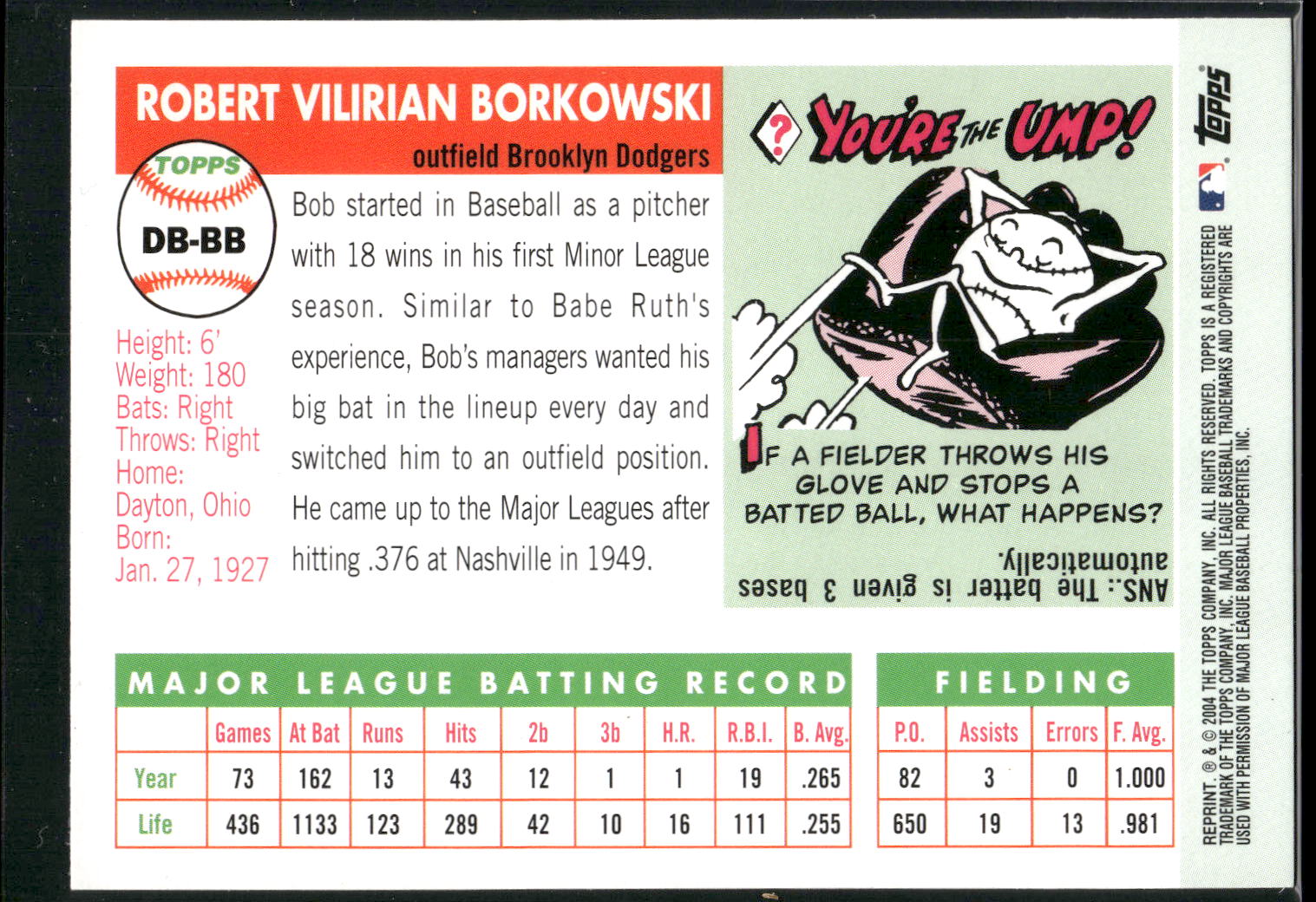 2005 Topps #DB-BB Bob Borkowski Dem Bums