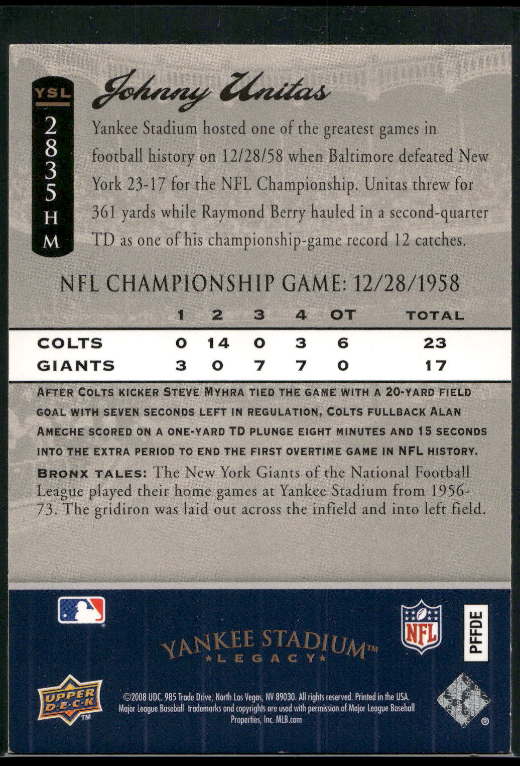 2008 Upper Deck Yankee Stadium Legacy #2835HM 1958 NFL Championship