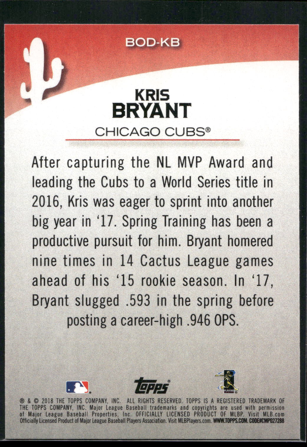 2018 Topps Opening Day #BOD-KB Kris Bryant Before Opening Day