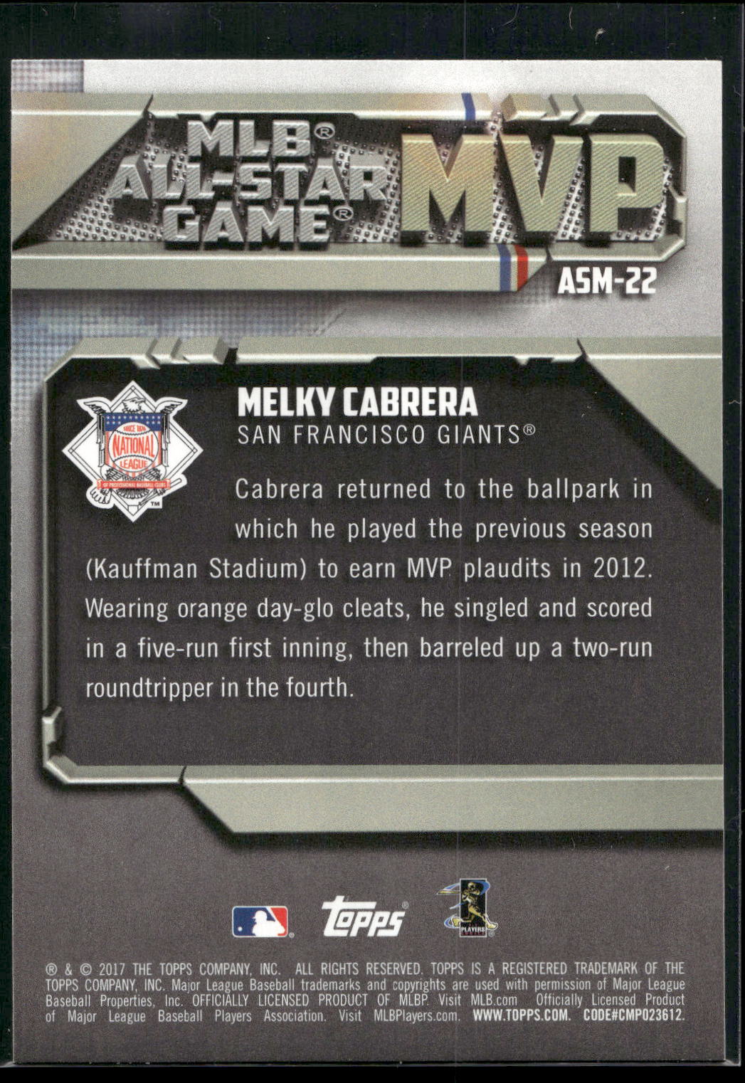 2017 Topps #ASM-22 Melky Cabrera All-Star Game MVP