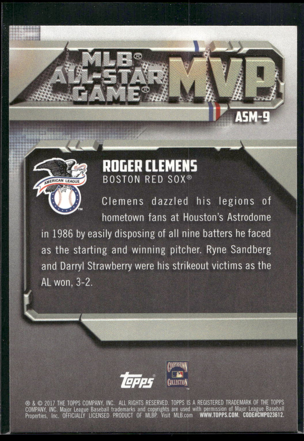 2017 Topps #ASM-9 Roger Clemens All-Star Game MVP