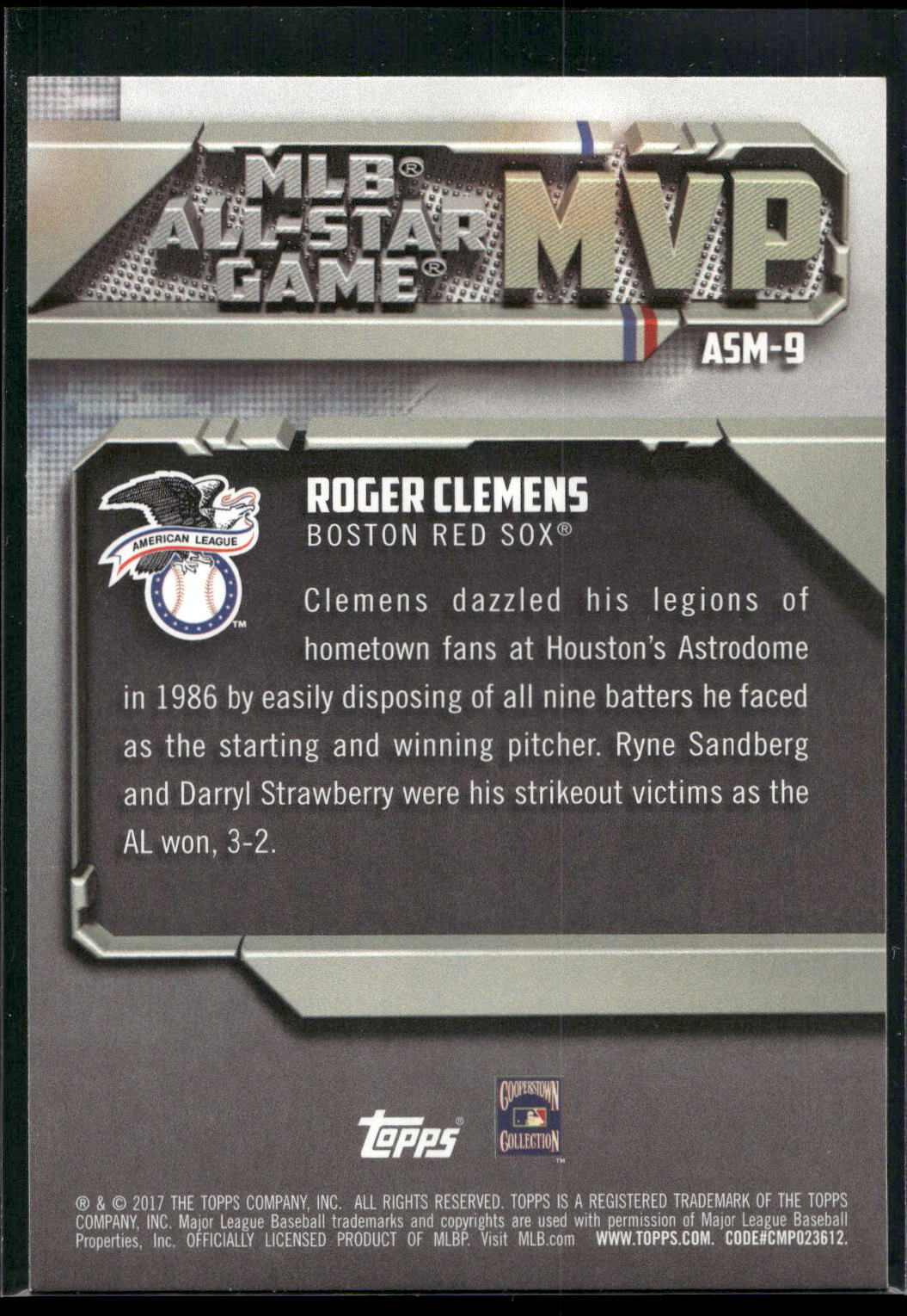 2017 Topps #ASM-9 Roger Clemens All-Star Game MVP