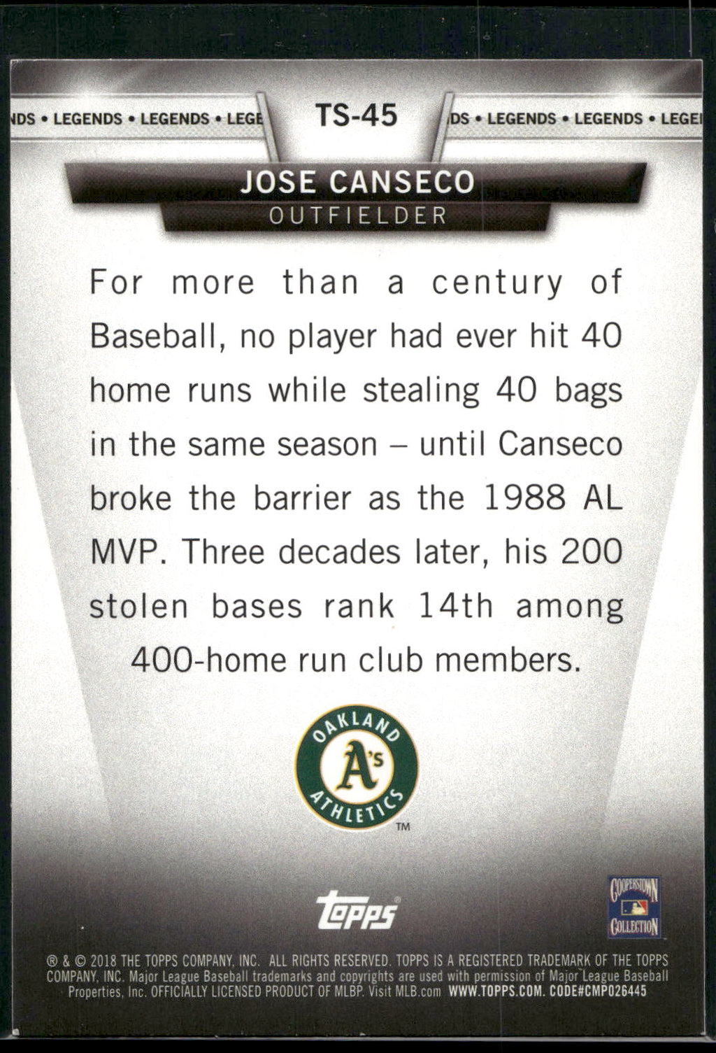 2018 Topps #TS-45 Jose Canseco Topps Salute Black (Series One) #/299
