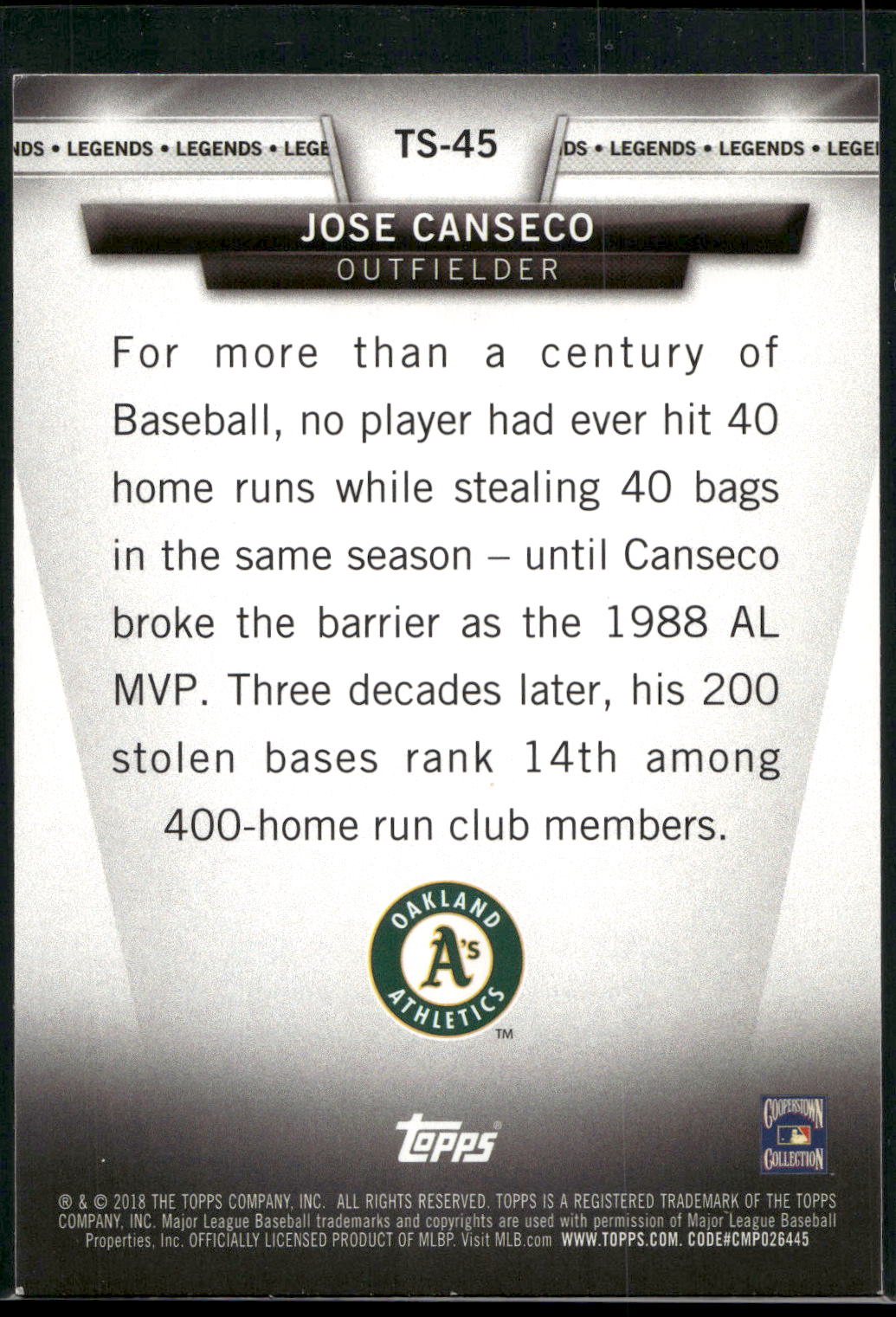 2018 Topps #TS-45 Jose Canseco Topps Salute Black (Series One) #/299
