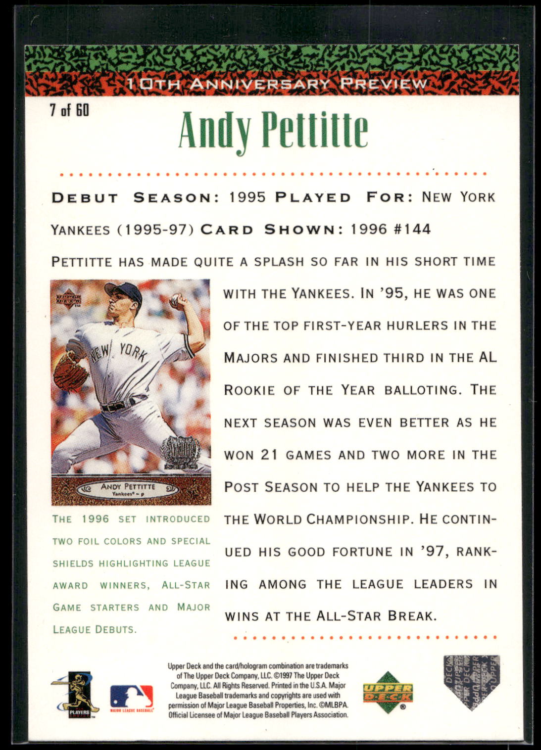 1998 Upper Deck #7 Andy Pettitte 10th Anniversary Preview