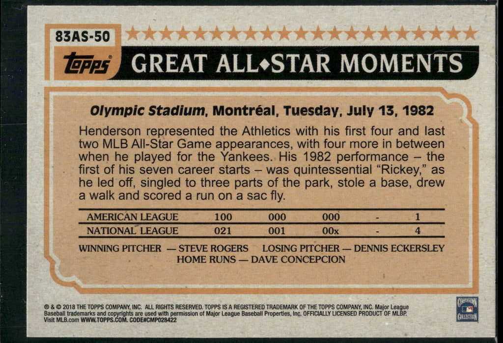 2018 Topps #83AS-50 Rickey Henderson 1983 Topps Baseball All-Stars Blue
