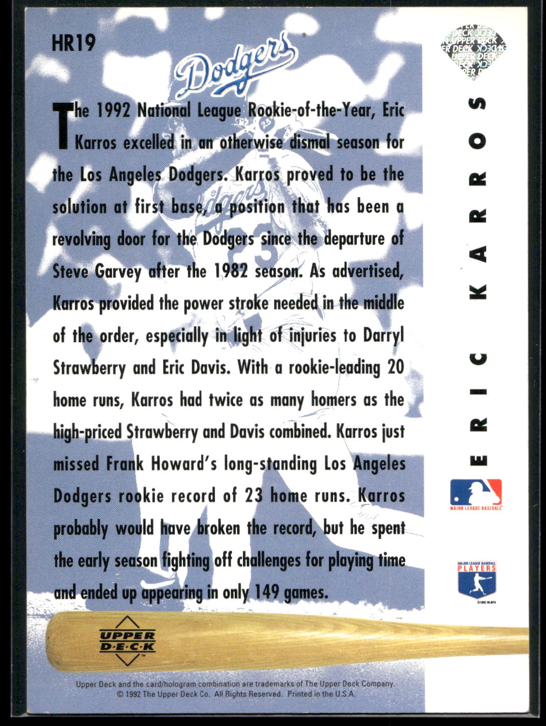 1993 Upper Deck #HR19 Eric Karros Home Run Heroes