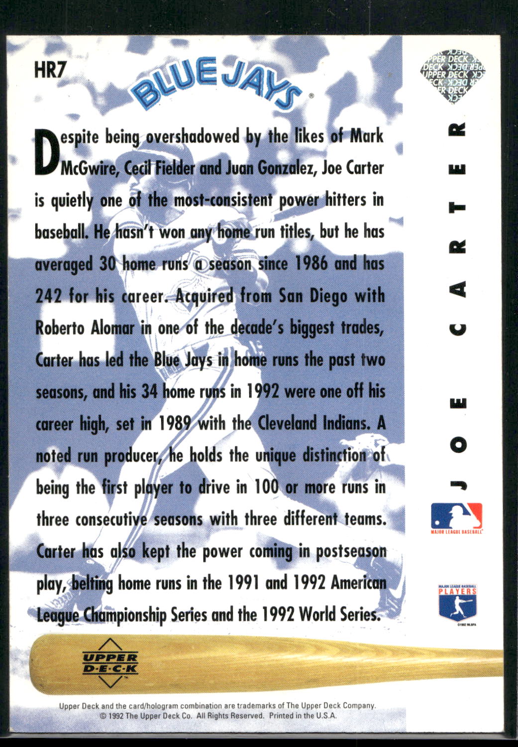 1993 Upper Deck #HR7 Joe Carter Home Run Heroes