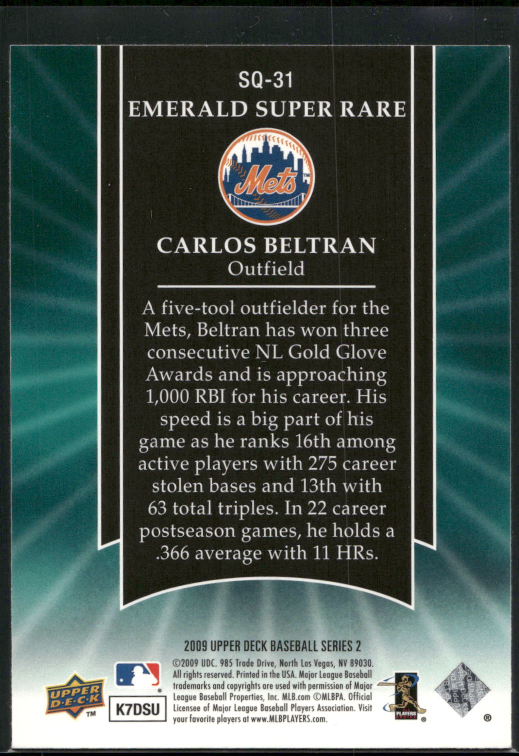 2009 Upper Deck #SQ-31 Carlos Beltran StarQuest Emerald Super Rare
