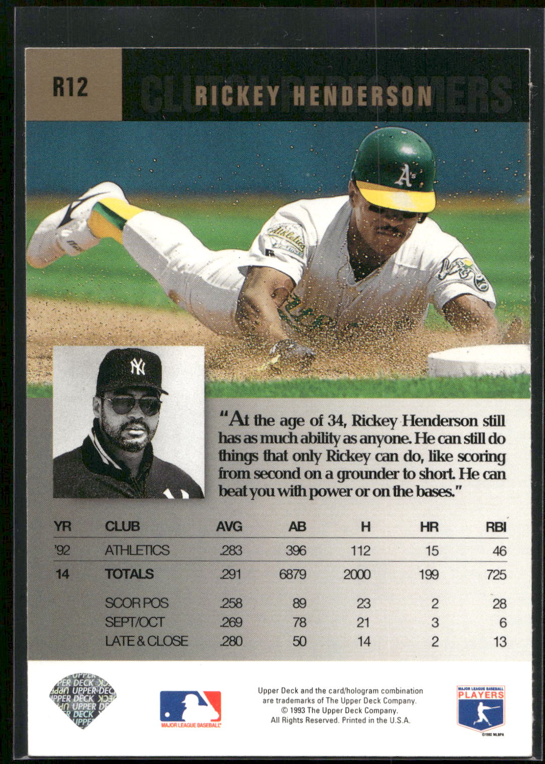 1993 Upper Deck #R12 Rickey Henderson Reggie Jackson's Clutch Performers