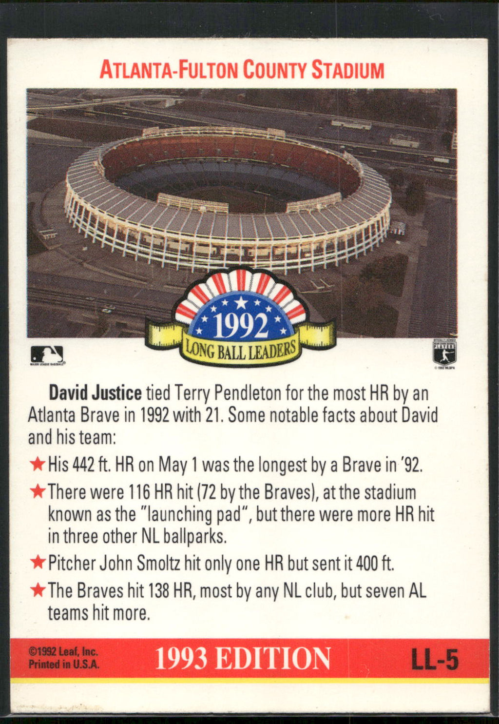 1993 Donruss #LL-5 David Justice Long Ball Leaders