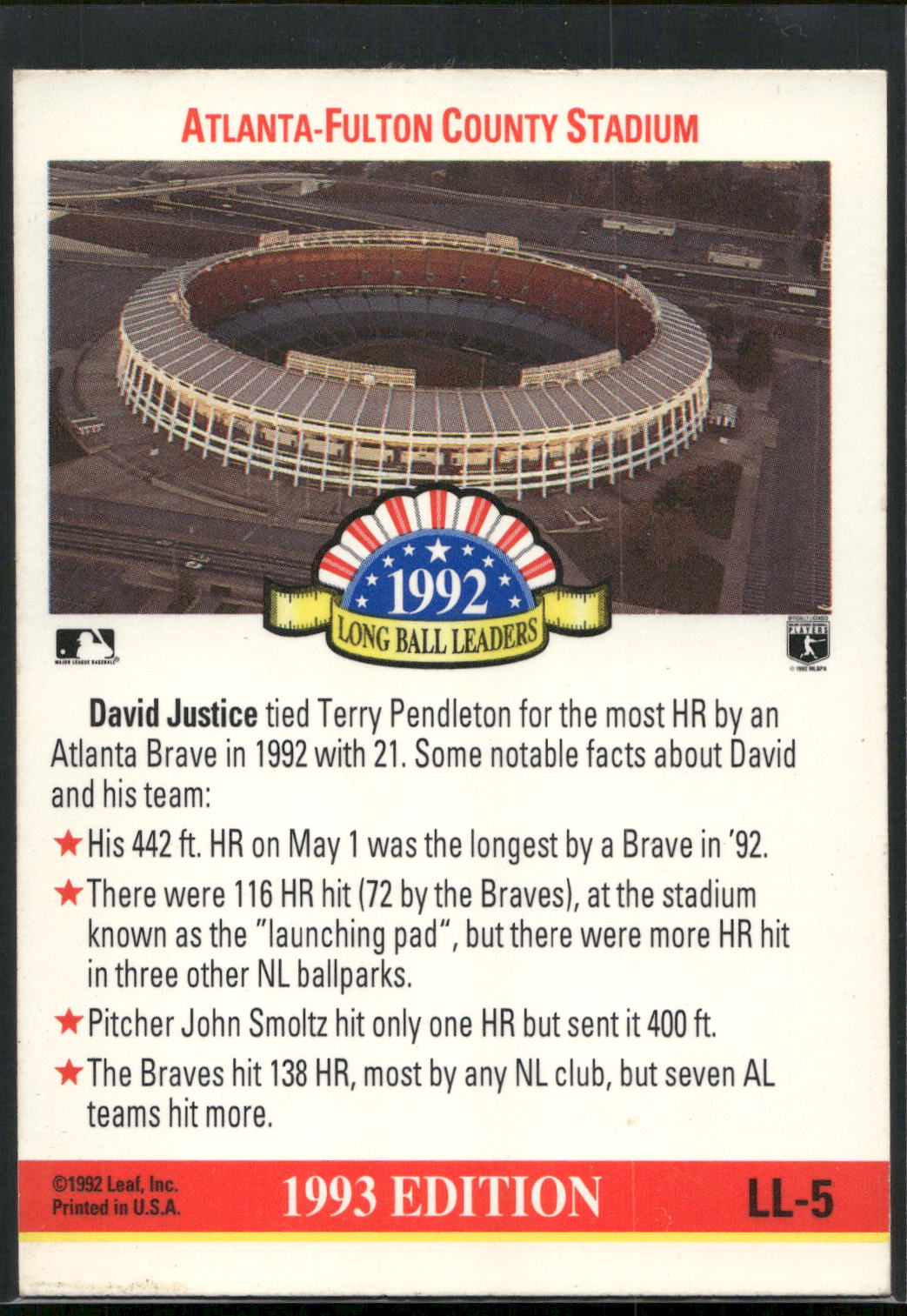 1993 Donruss #LL-5 David Justice Long Ball Leaders