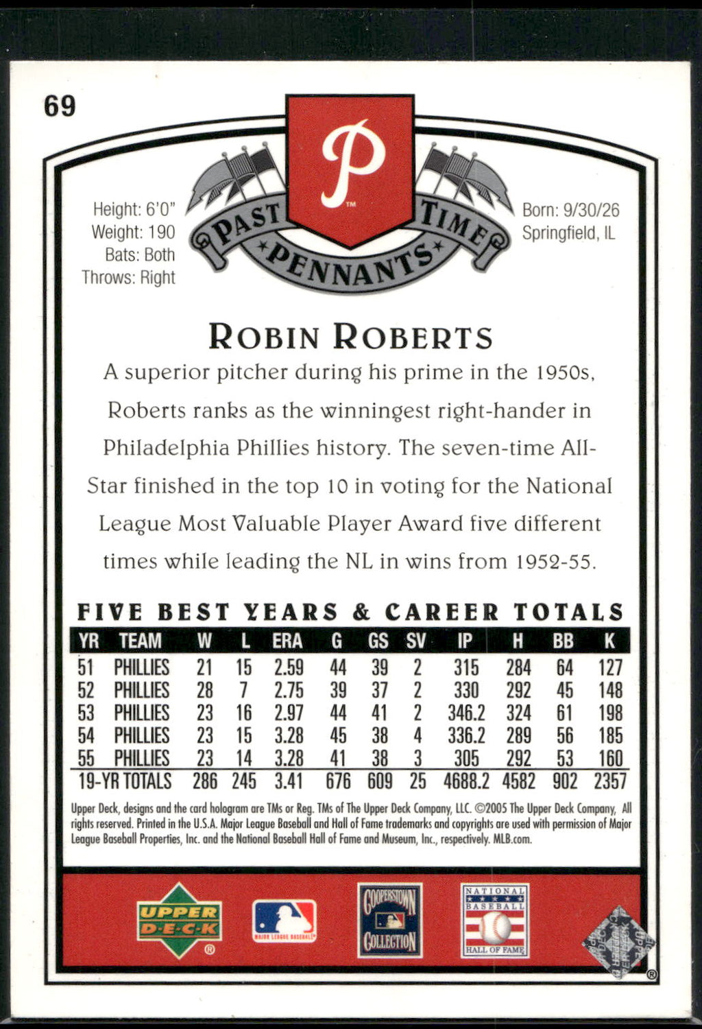 2005 UD Past Time Pennants #69 Robin Roberts