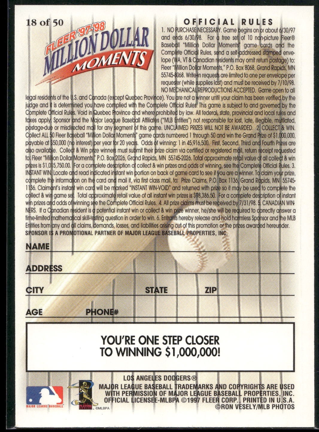 1997-98 Fleer Million Dollar Moments #18 Orel Hershiser