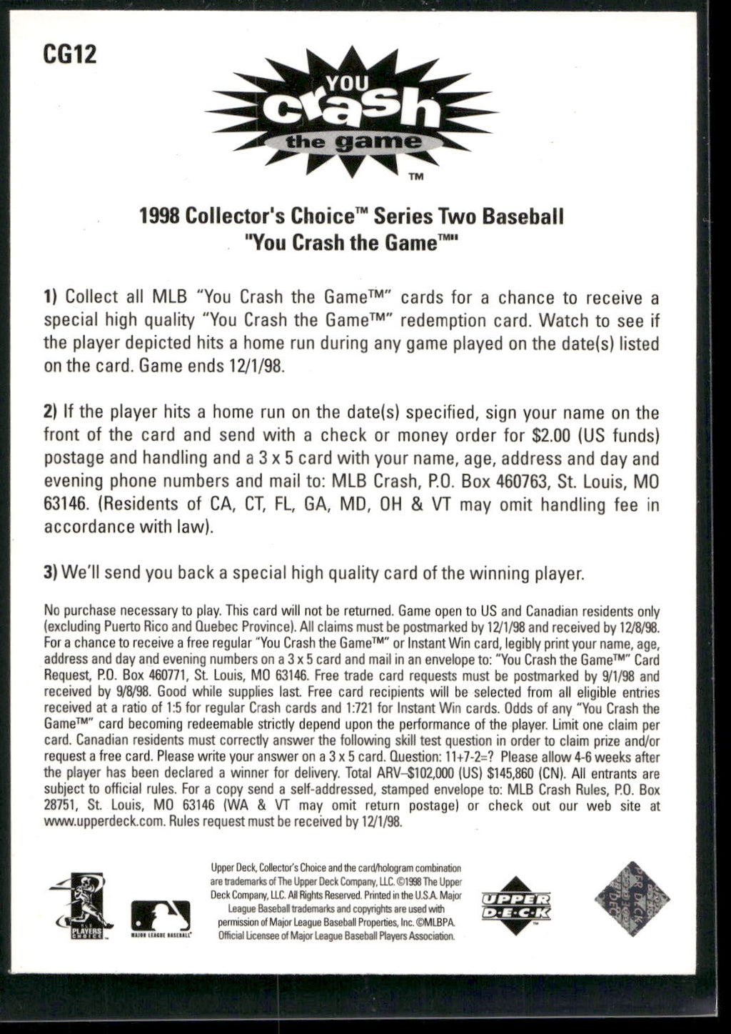 1998 Collector's Choice #CG12a Jay Buhner You Crash the Game
