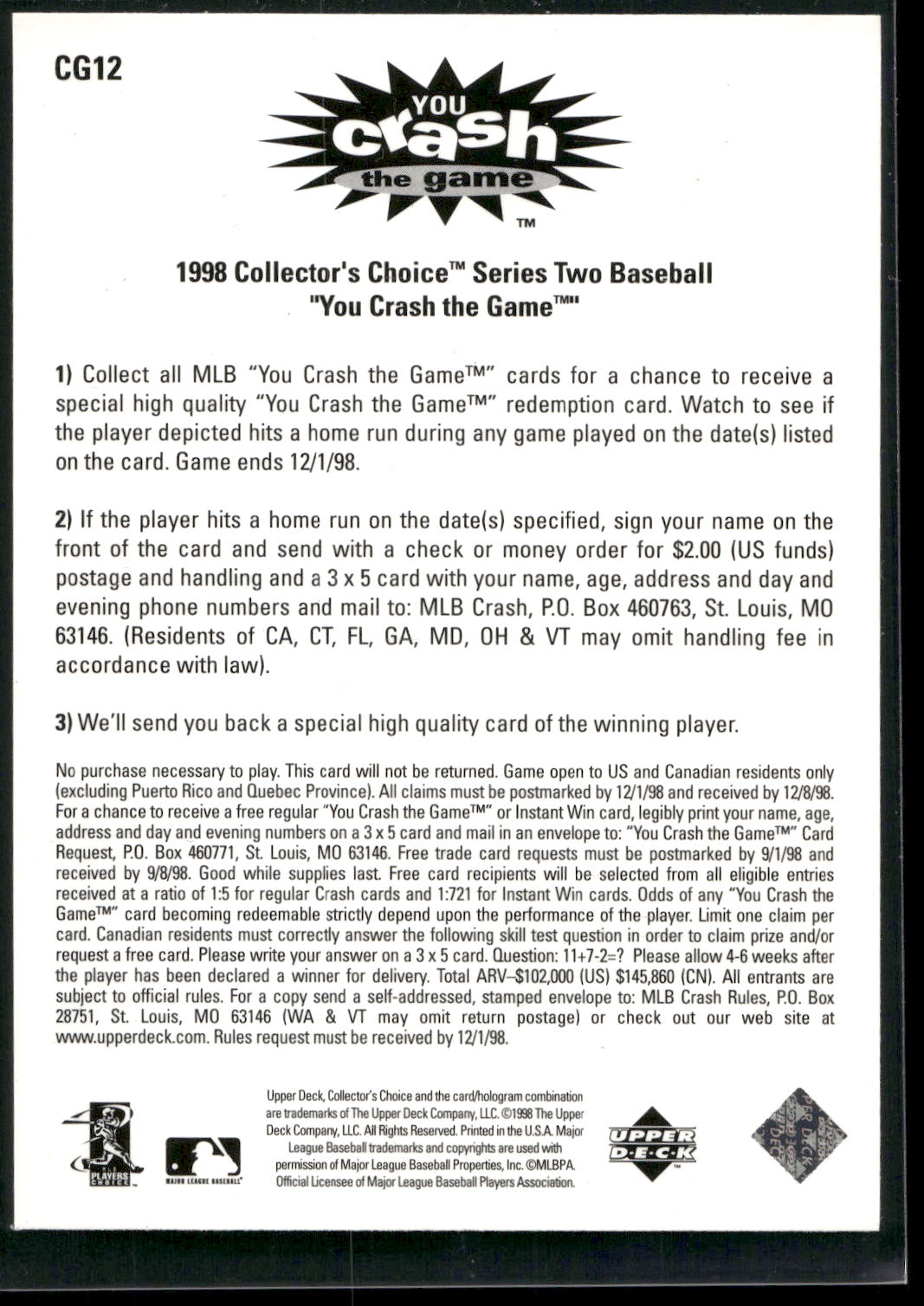 1998 Collector's Choice #CG12a Jay Buhner You Crash the Game