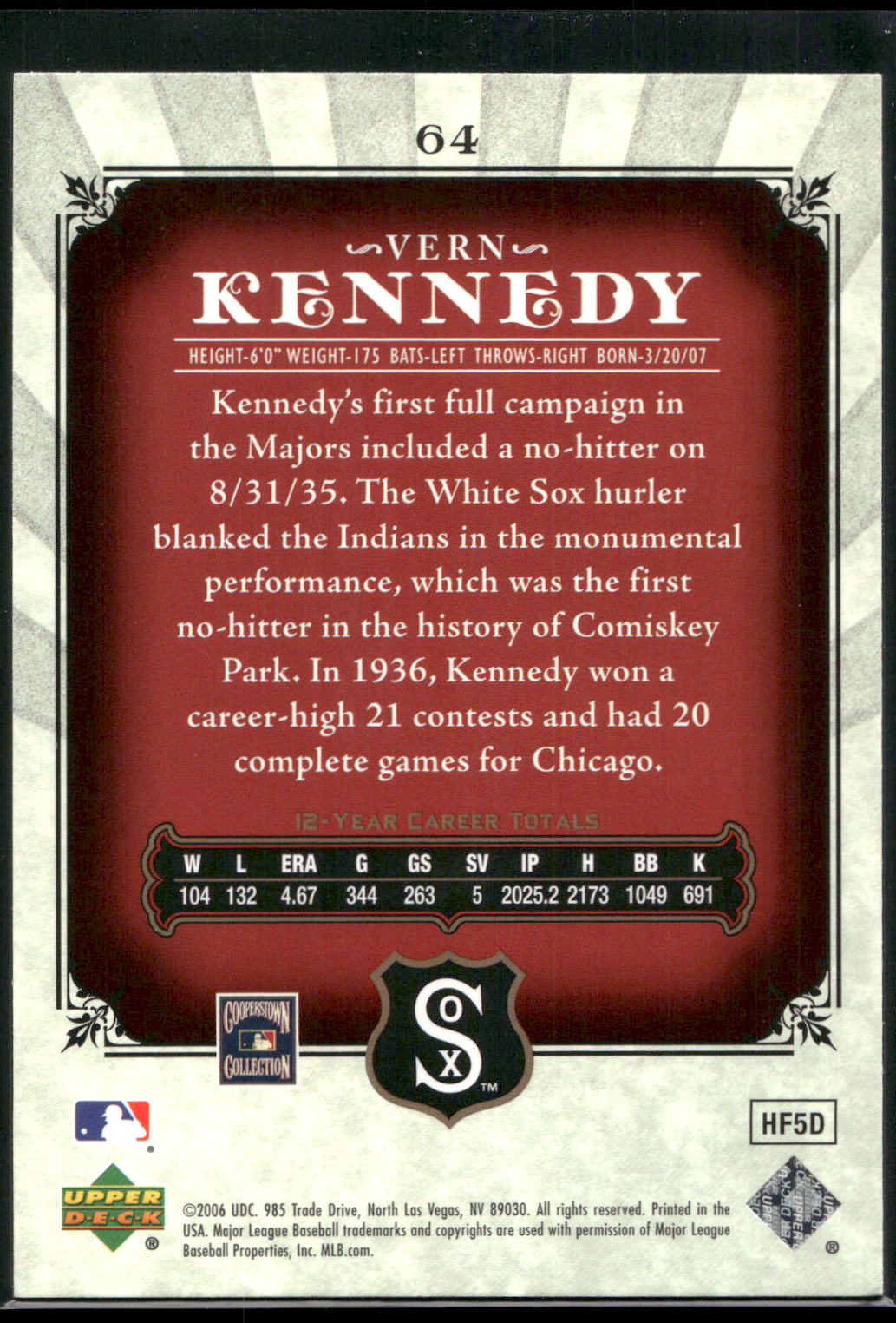 2006 SP Legendary Cuts #64 Vern Kennedy