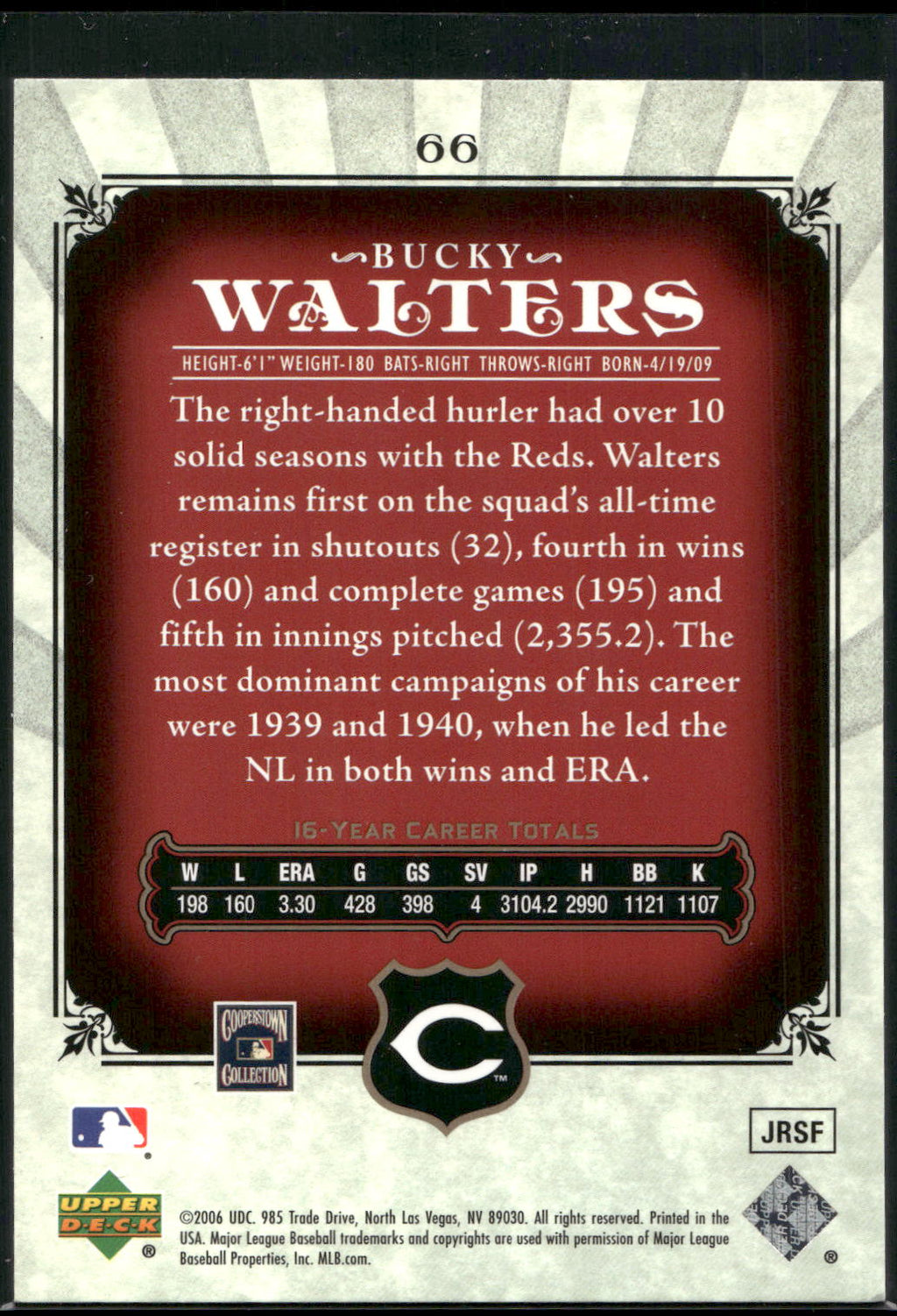 2006 SP Legendary Cuts #66 Bucky Walters