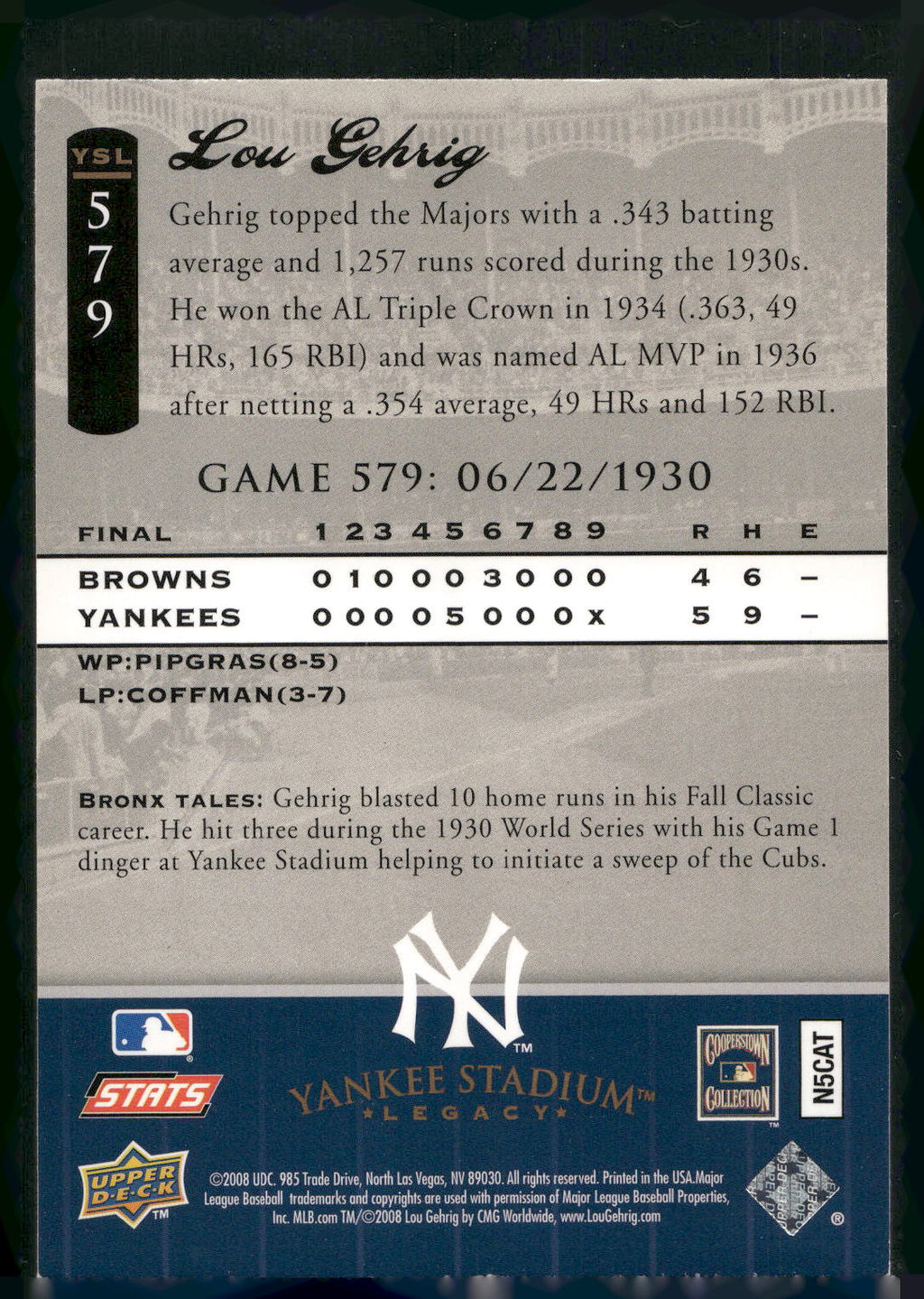 2008 Upper Deck Yankee Stadium Legacy #578 Lou Gehrig