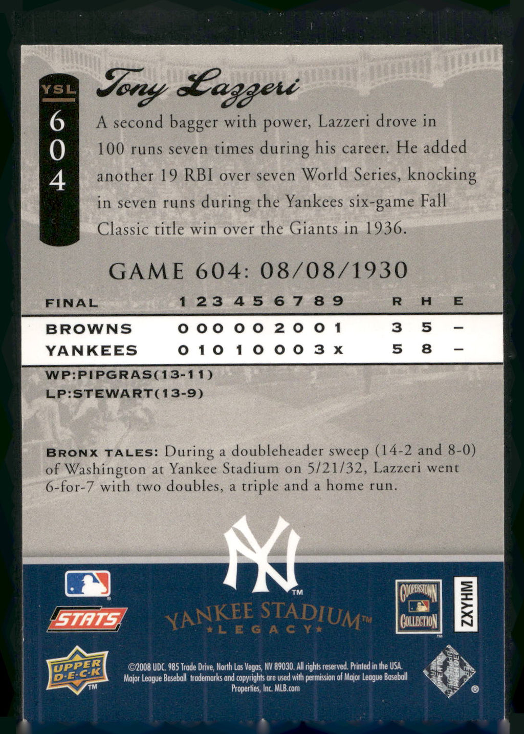 2008 Upper Deck Yankee Stadium Legacy #604 Tony Lazzeri