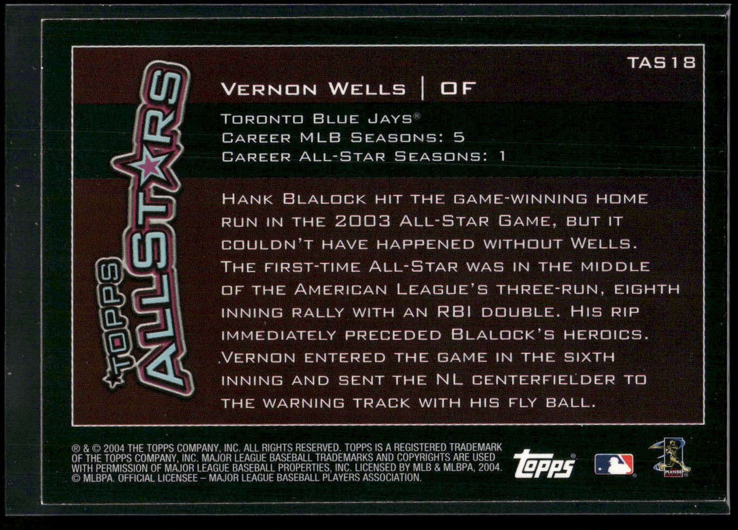 2004 Topps #TAS18 Vernon Wells Topps All-Stars