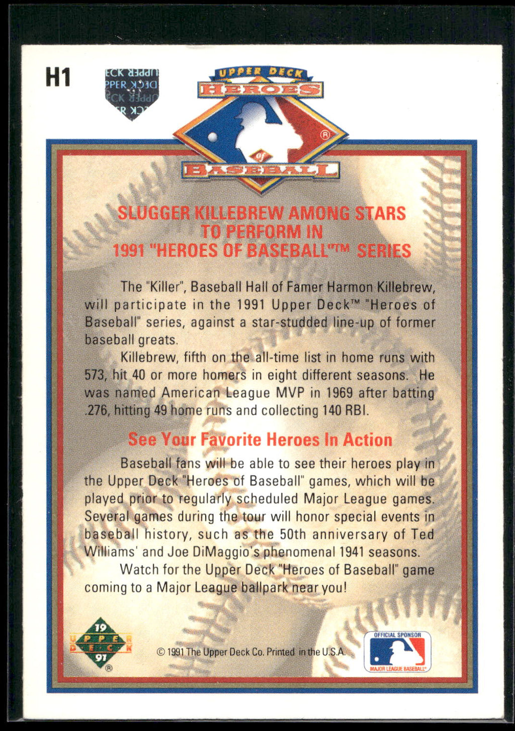 1991 Upper Deck #H1 Harmon Killebrew Heroes of Baseball