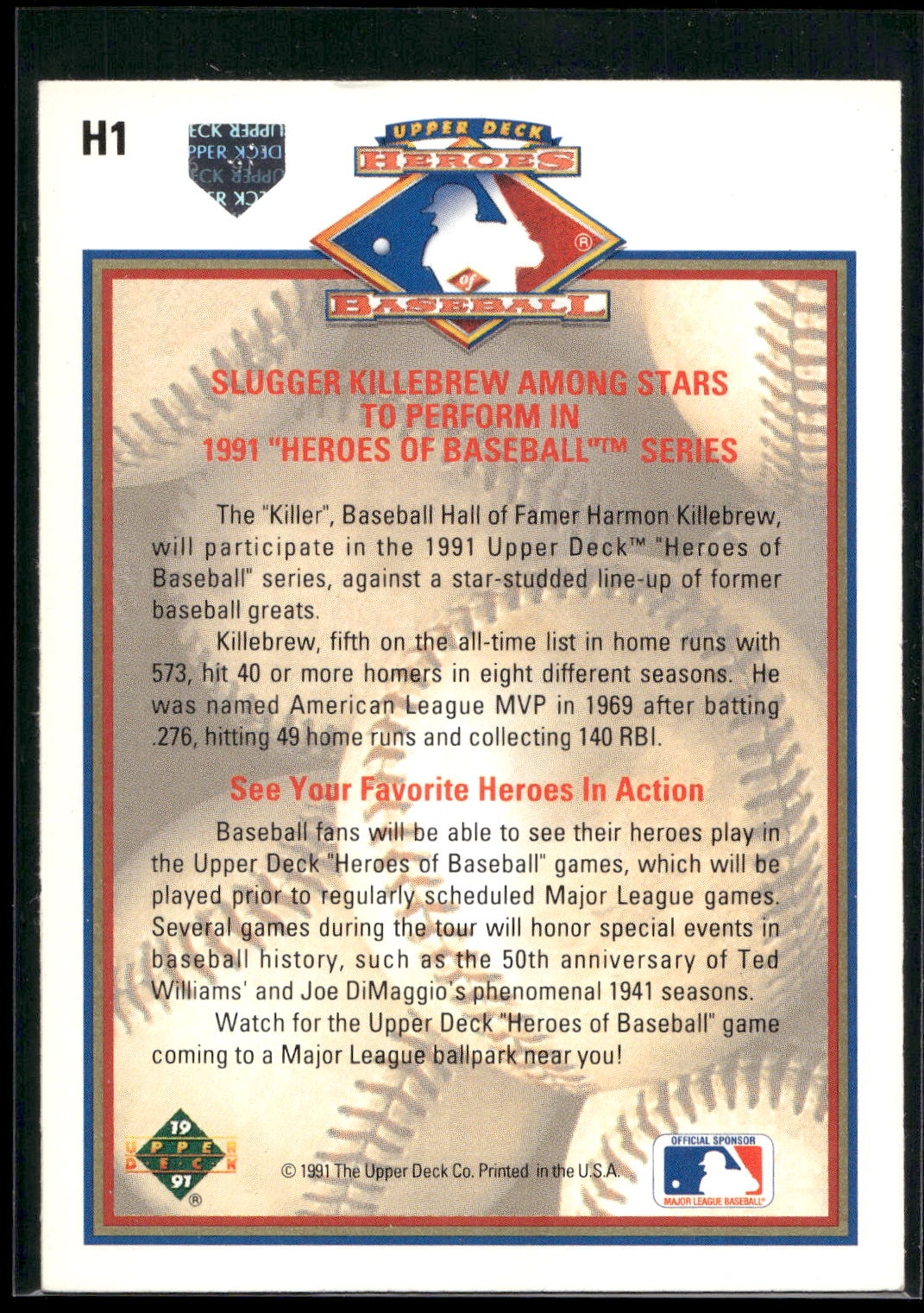 1991 Upper Deck #H1 Harmon Killebrew Heroes of Baseball