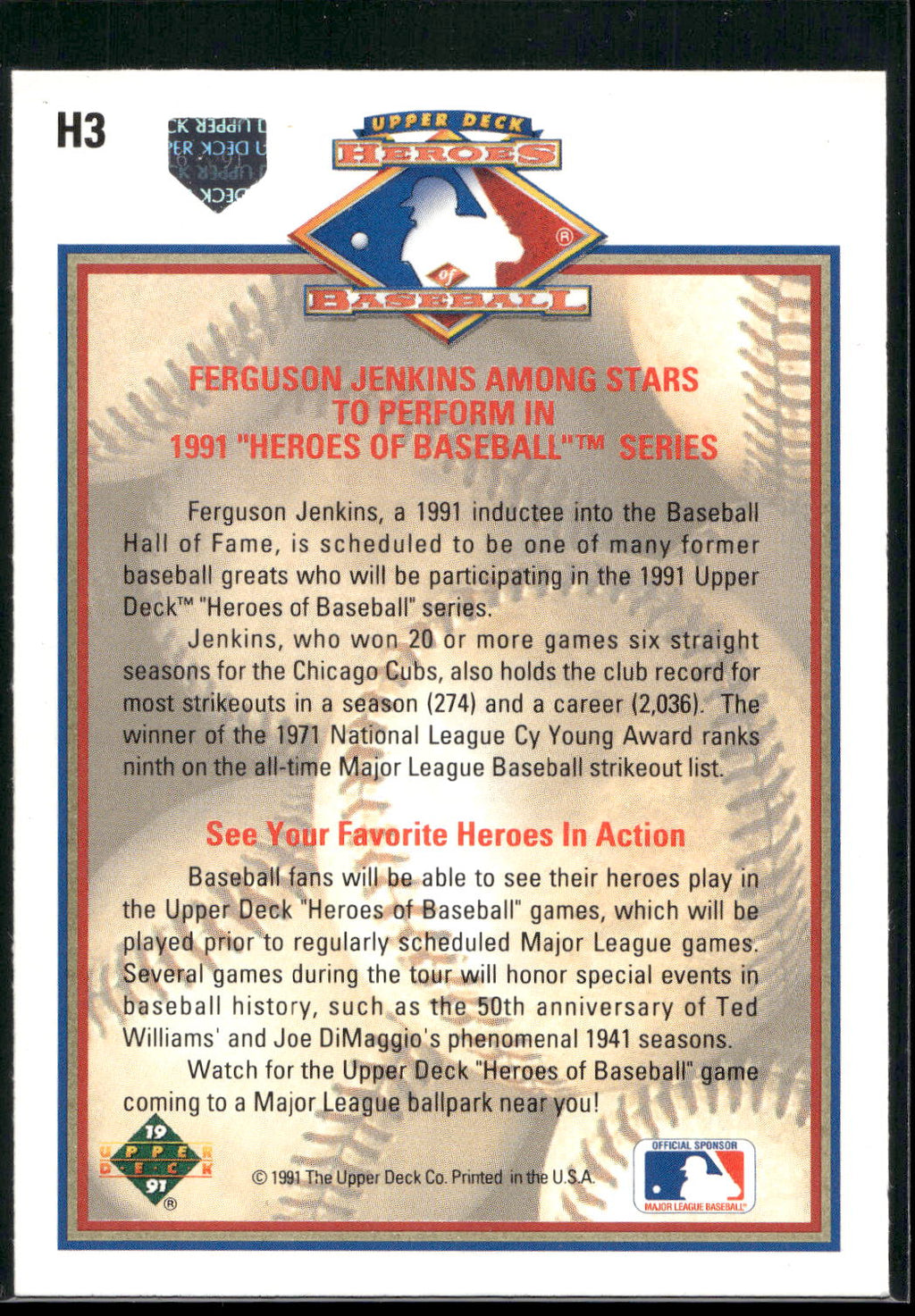 1991 Upper Deck #H3 Ferguson Jenkins Heroes of Baseball