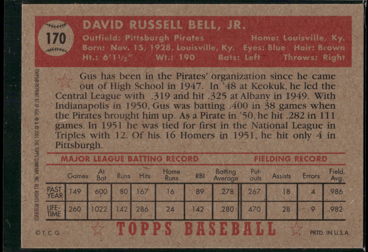 2001 Topps Archives #87 Gus Bell