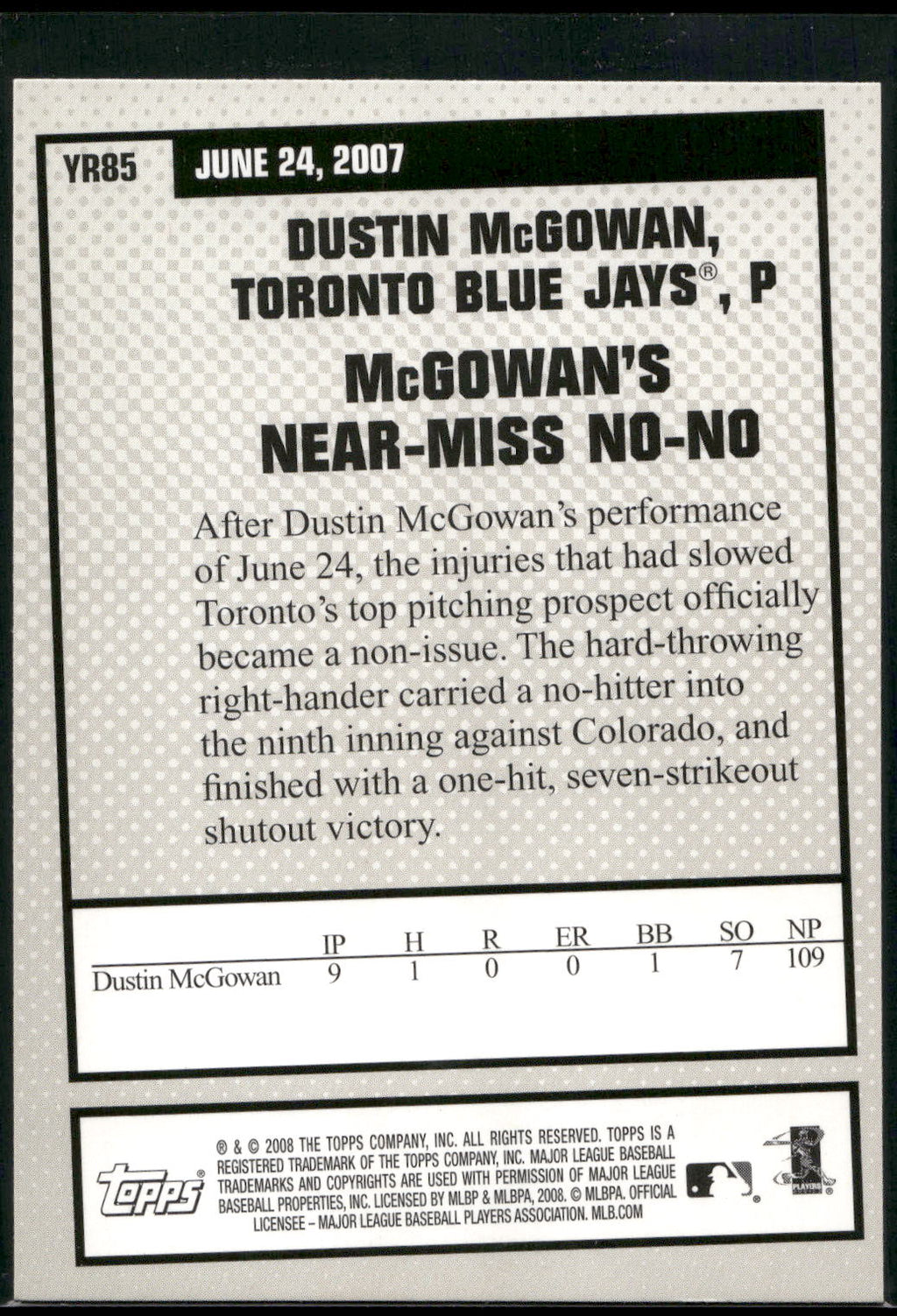 2008 Topps #YR85 Dustin McGowan Year in Review
