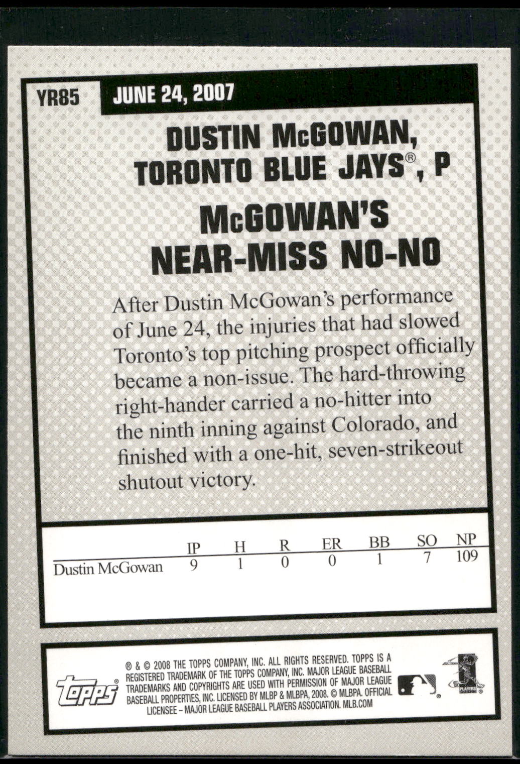 2008 Topps #YR85 Dustin McGowan Year in Review