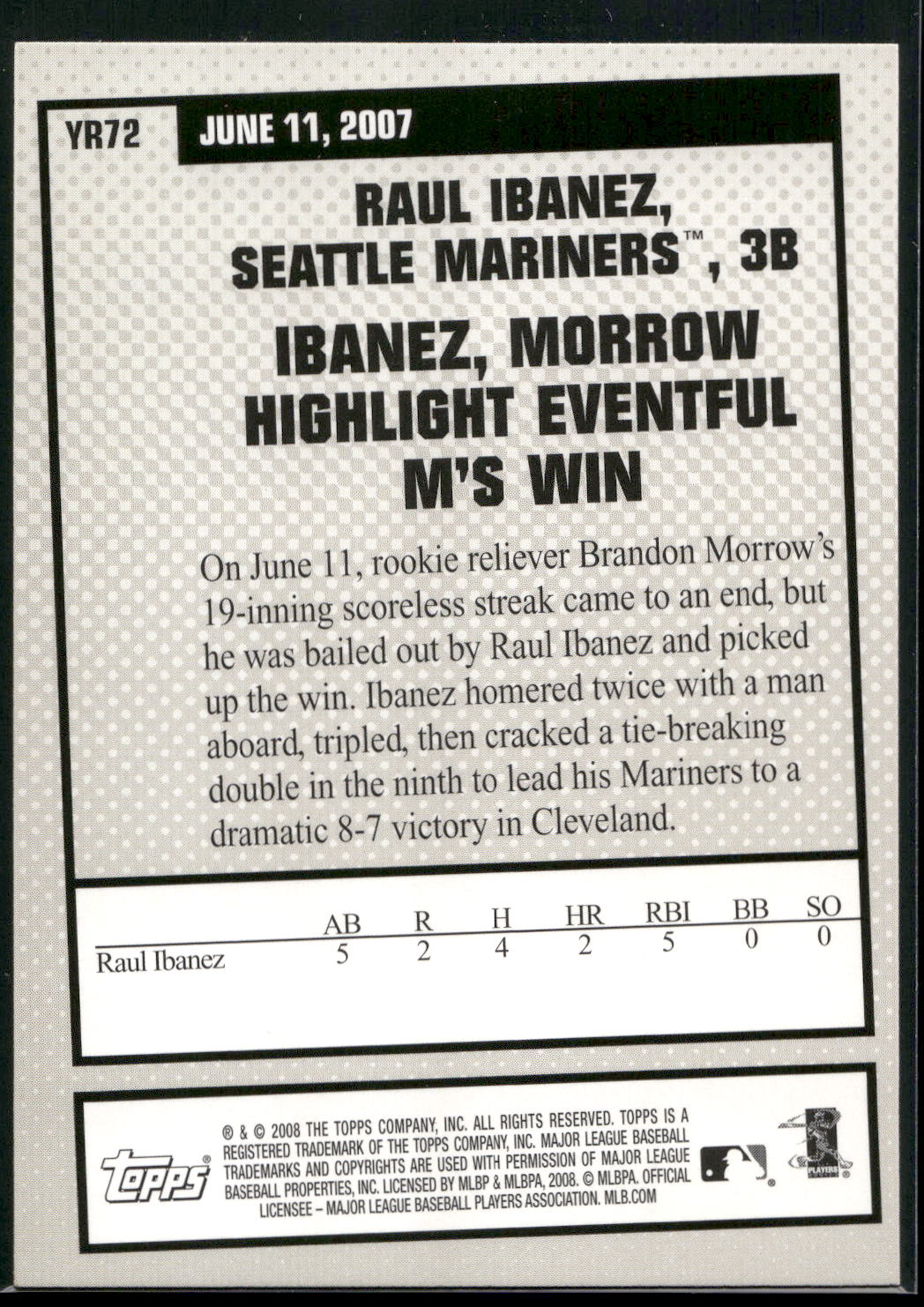2008 Topps #YR72 Raul Ibanez Year in Review