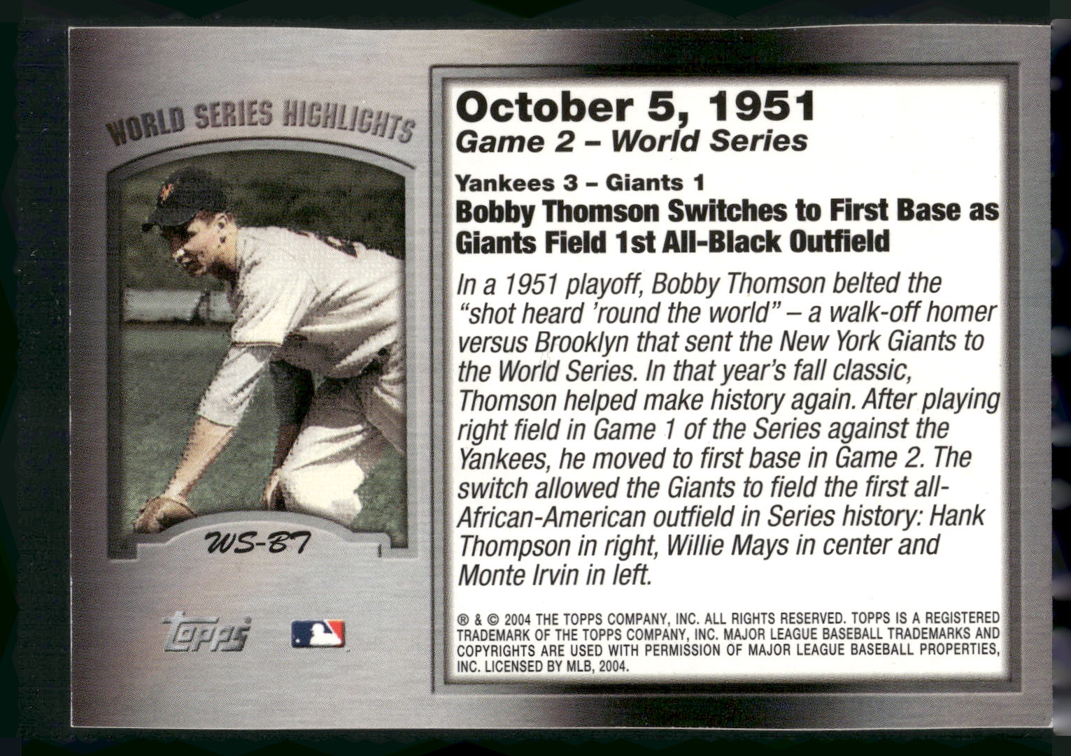 2004 Topps #WS-BT Bobby Thomson World Series Highlights (Series Two)