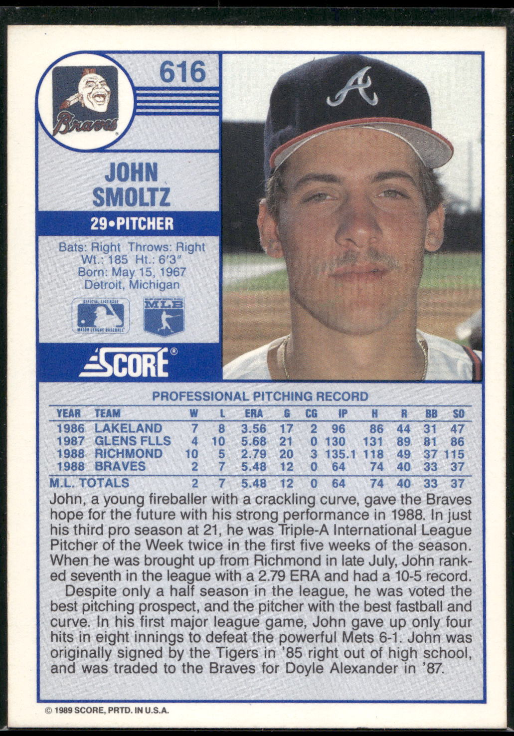 1989 Score #616 John Smoltz