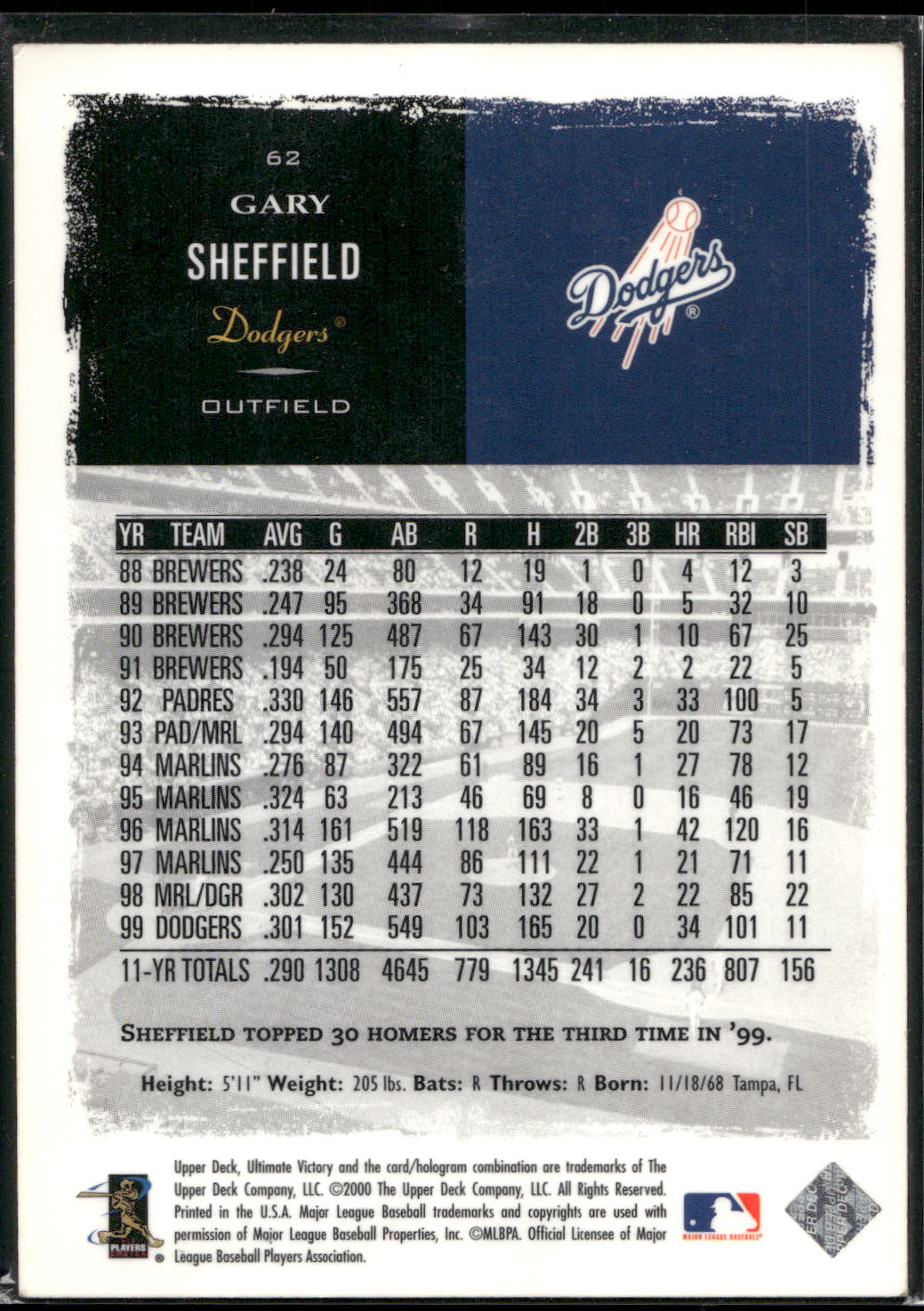 2000 Upper Deck Ultimate Victory #62 Gary Sheffield
