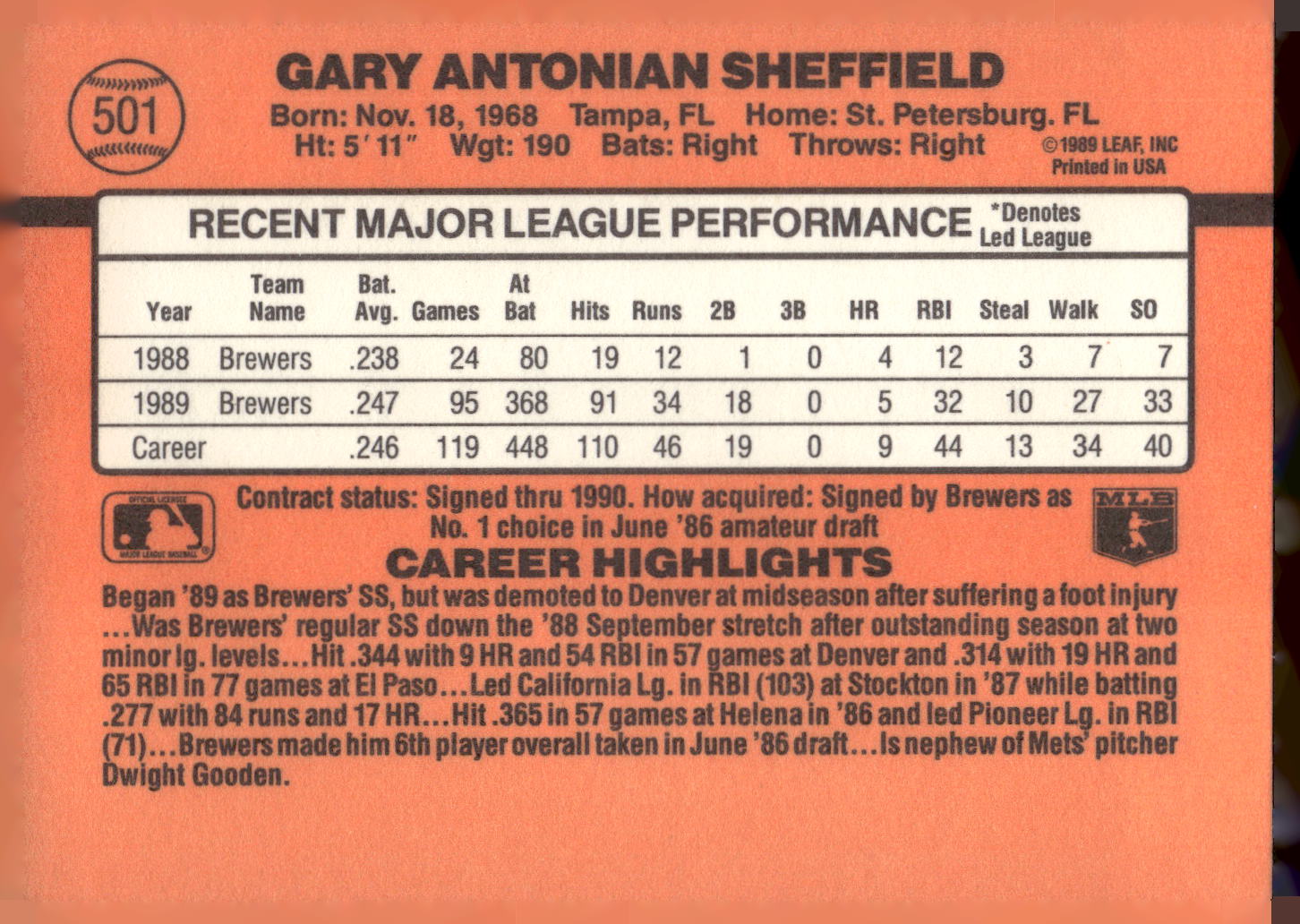 1990 Donruss #501 Gary Sheffield
