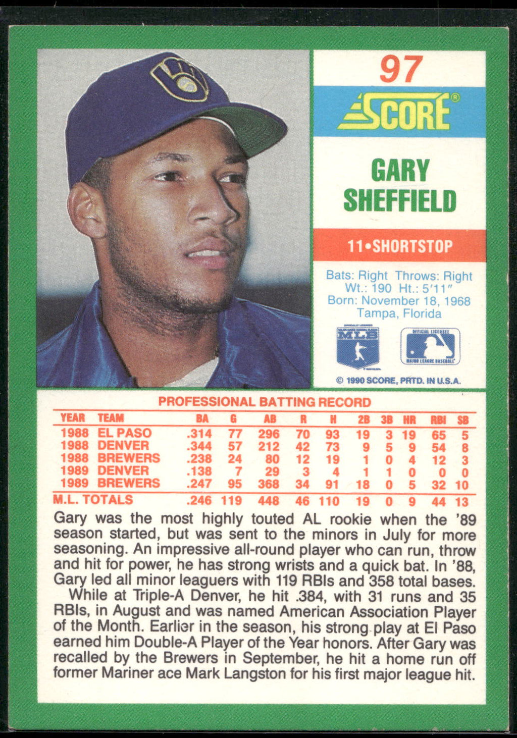 1990 Score #97 Gary Sheffield