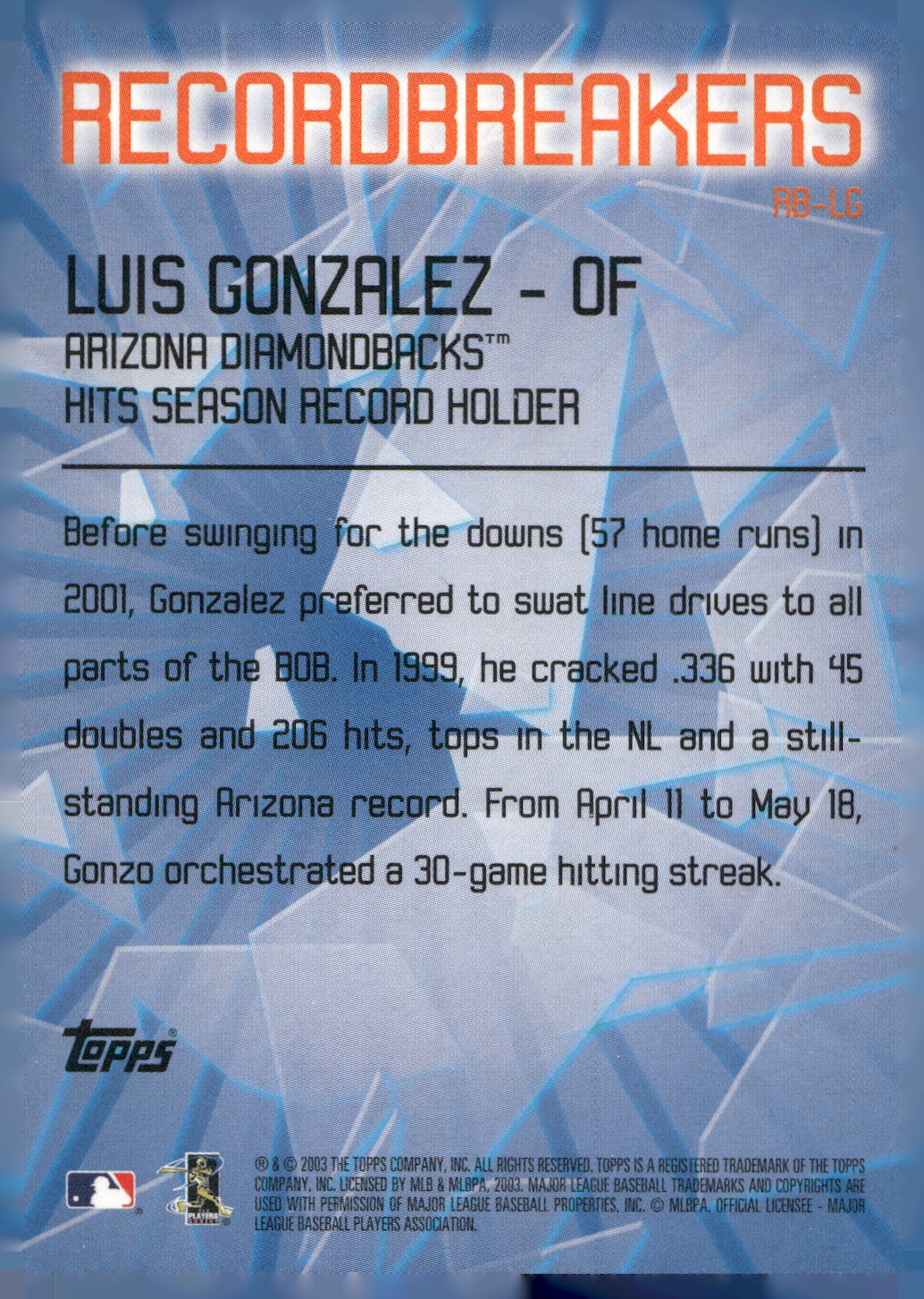 2003 Topps #RB-LG Luis Gonzalez Record Breakers (Series Two)