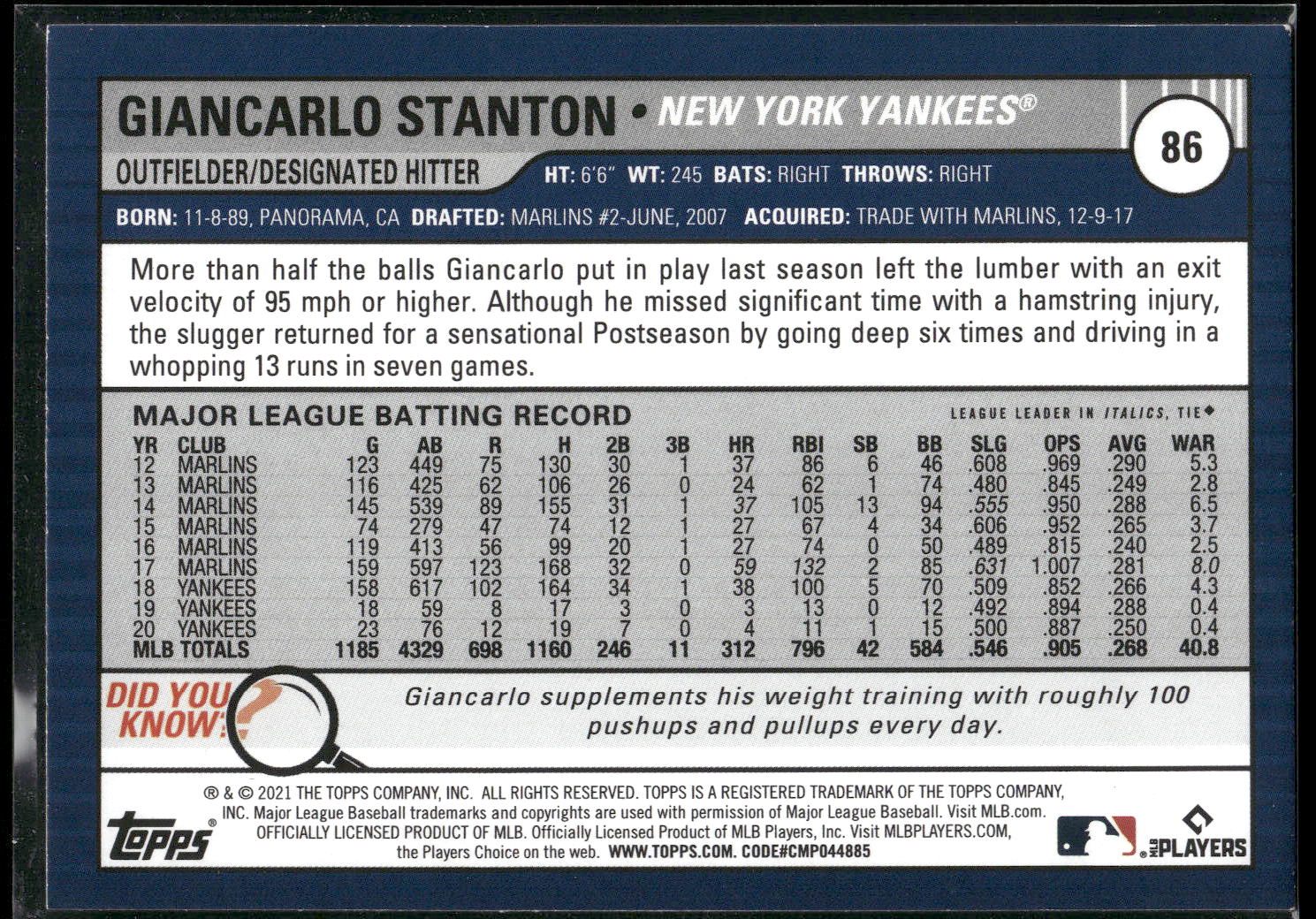 2021 Topps Big League #86 Giancarlo Stanton